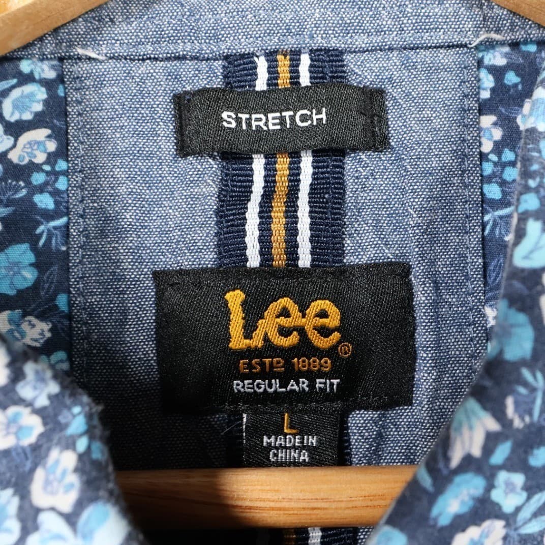 Lee Button Up Shirt Mens L Blue Excellent Floral Stretch Short Sleeve - Thumbnail 6