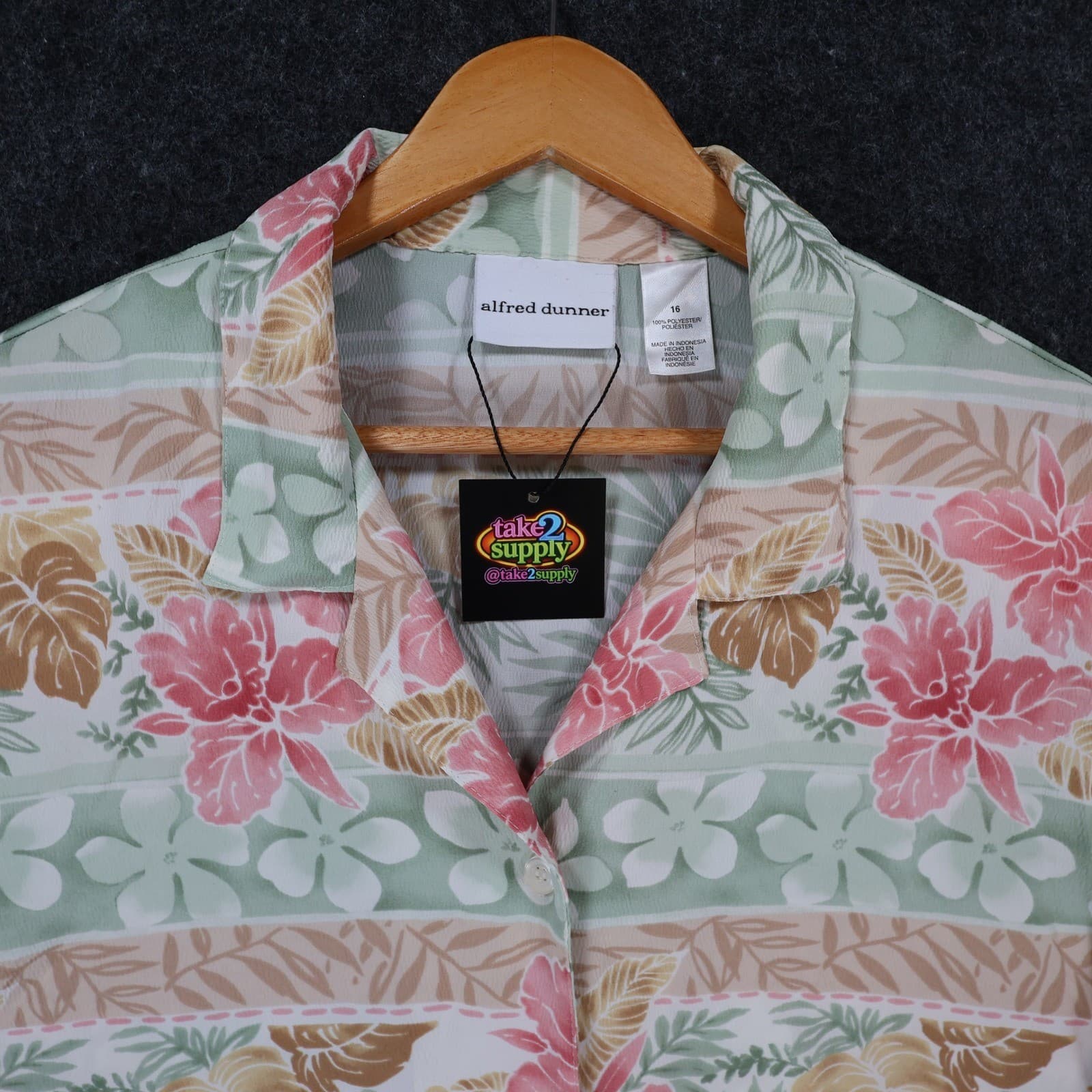 Alfred Dunner Button Up Shirt Womens 16 Green Pink Polyester Regular Tropical - Thumbnail 9