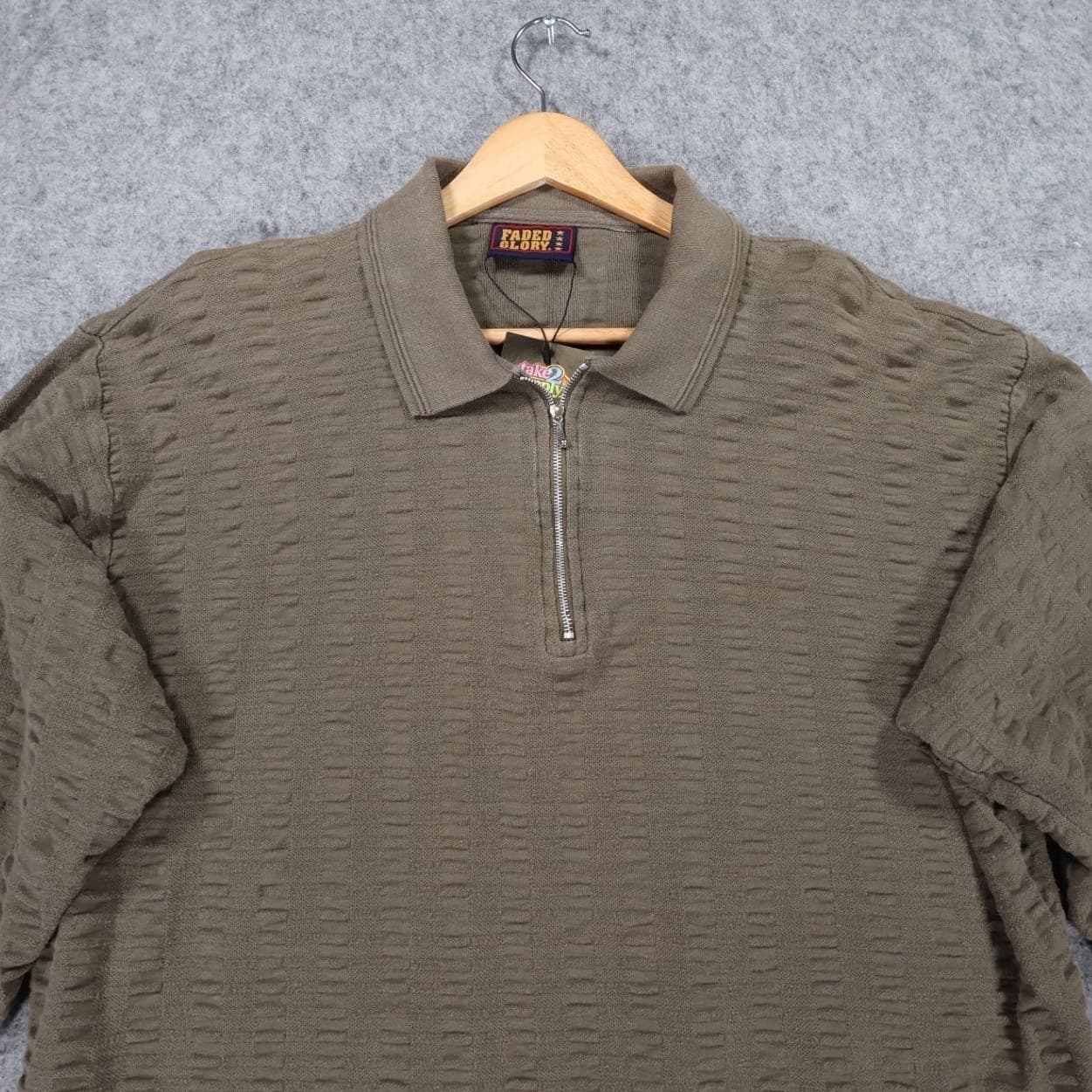 Faded Glory Pullover Mens Large Olive Green Excellent Textured Quarter Zip - Thumbnail 4