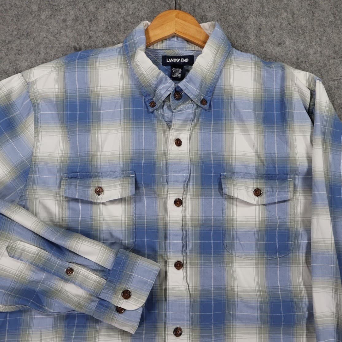 Lands' End Button Down Shirt Mens L Blue Excellent Plaid Traditional Fit Flannel - Thumbnail 4