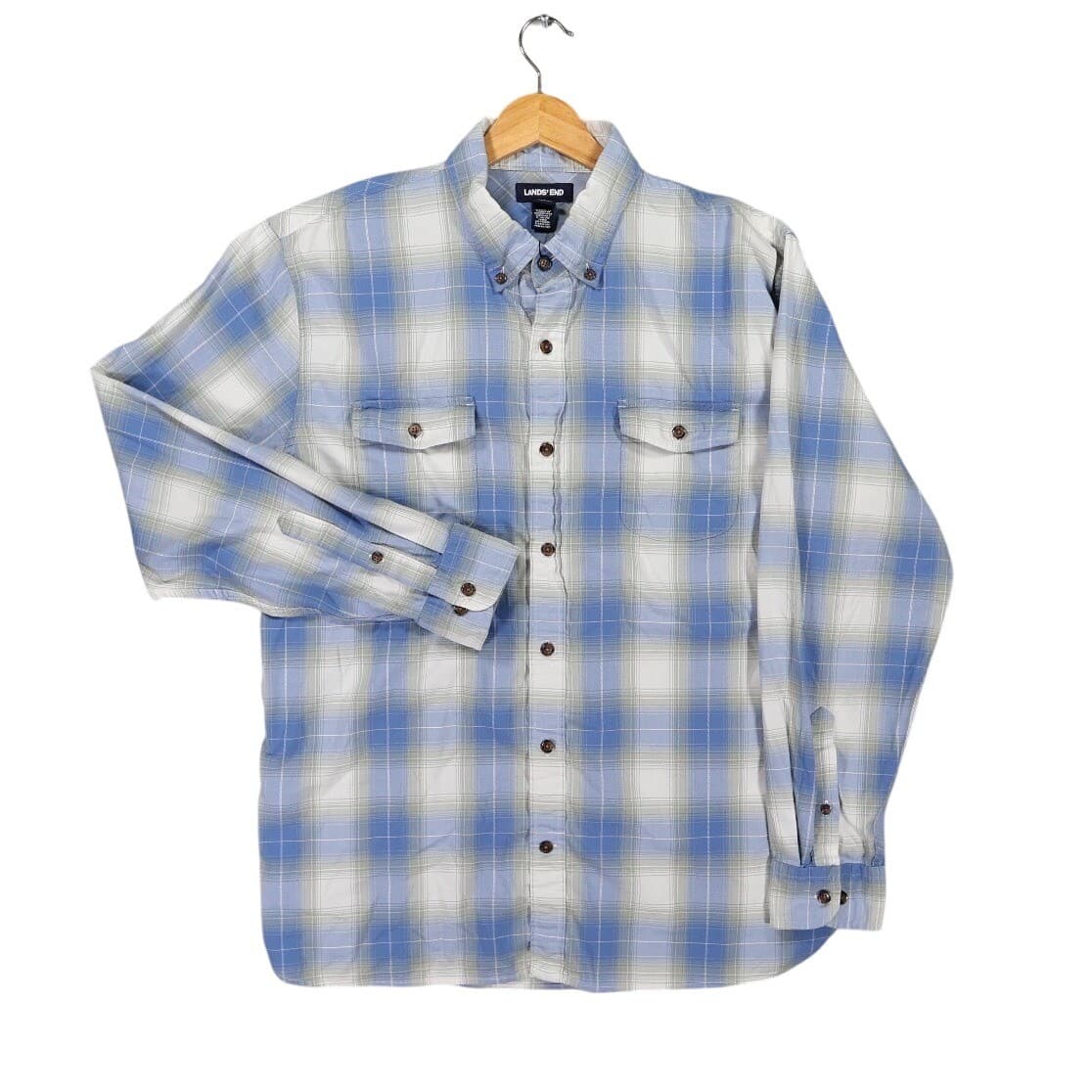 Lands' End Button Down Shirt Mens L Blue Excellent Plaid Traditional Fit Flannel - Thumbnail 2