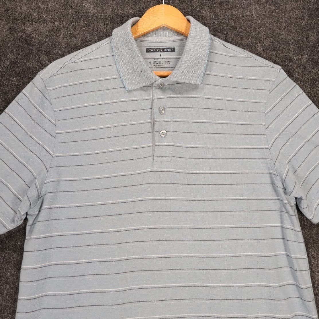 Van Heusen Studio Polo Shirt Mens S Blue Excellent Striped Slim Fit Short Sleeve - Thumbnail 3
