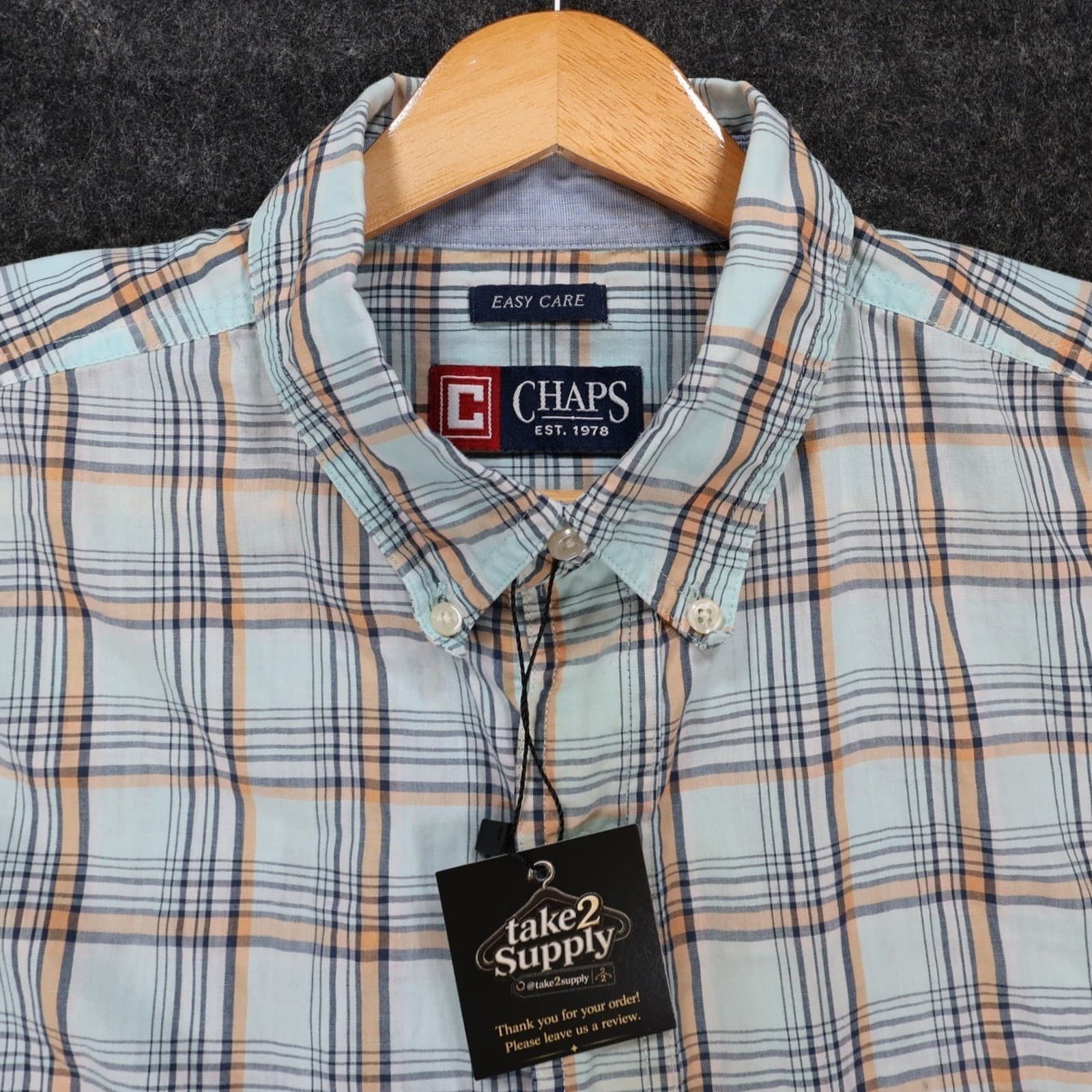 Chaps Button Down Shirt Mens M Light Blue Excellent Plaid Easy Care Short Sleeve - Thumbnail 3