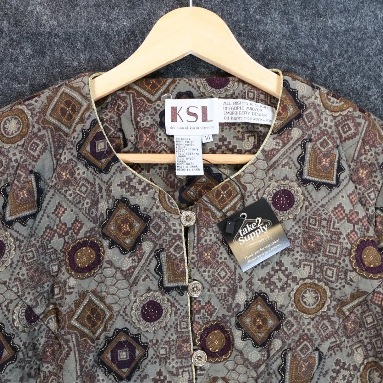 KSL Karin Stevens Jacket Womens 14 Brown Excellent Geometric Quilted Button Up - Thumbnail 6