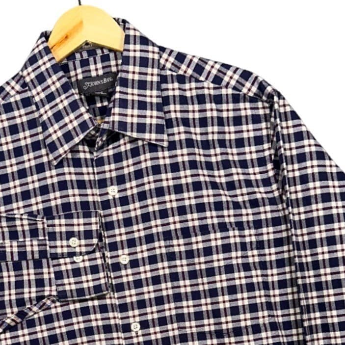St. Johns Bay Button Down Shirt Mens Large Navy Blue Plaid - Thumbnail 4