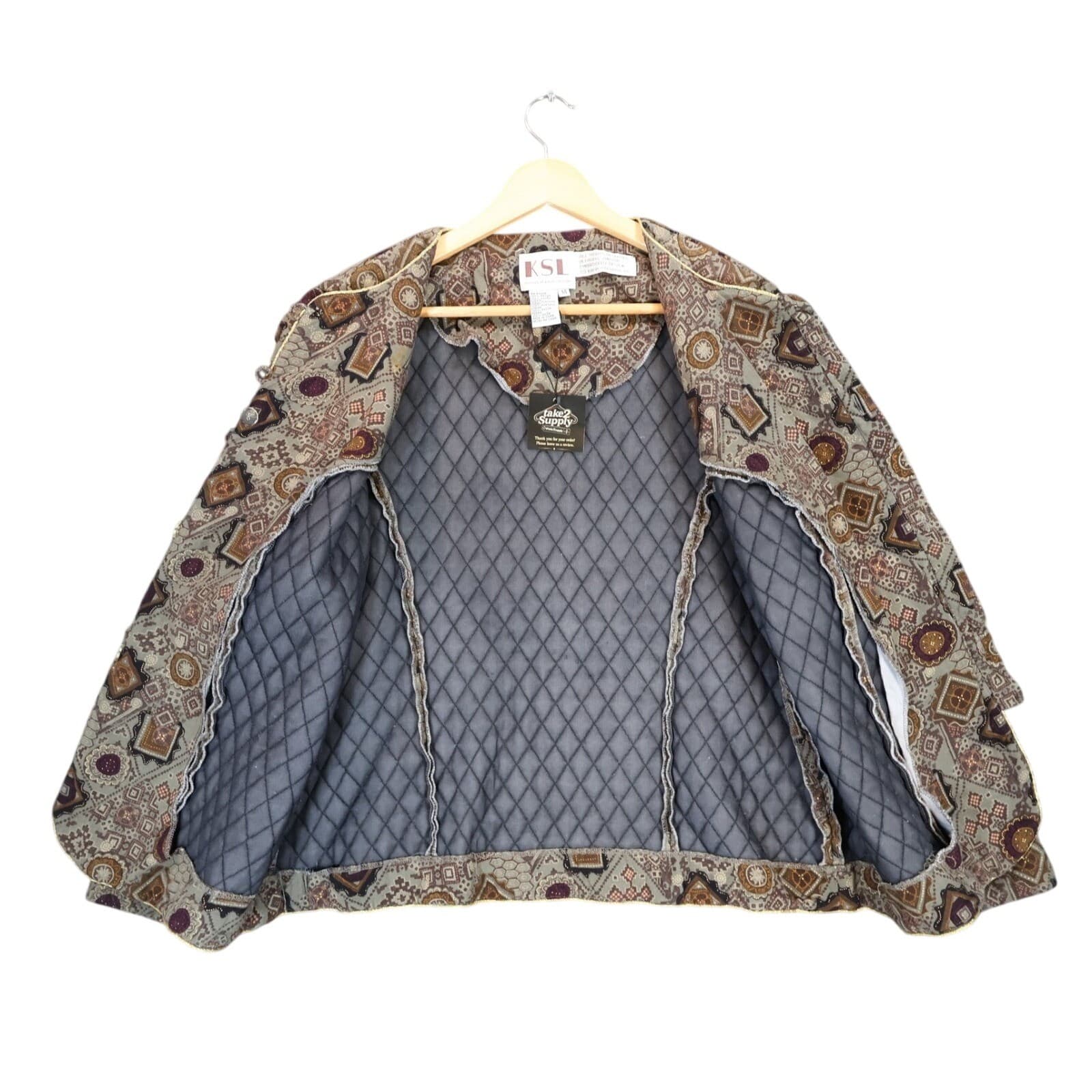 KSL Karin Stevens Jacket Womens 14 Brown Excellent Geometric Quilted Button Up - Thumbnail 2