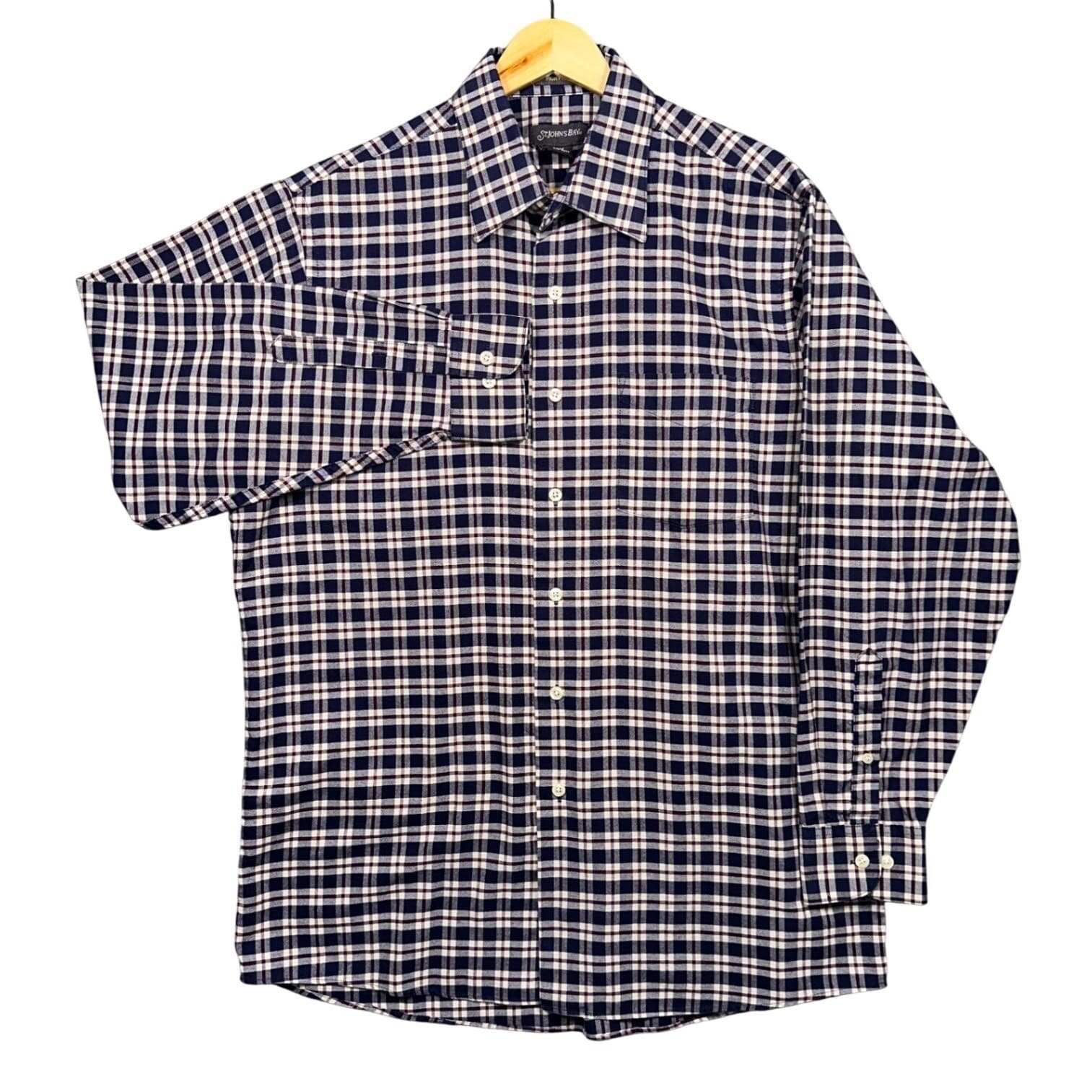 St. Johns Bay Button Down Shirt Mens Large Navy Blue Plaid - Thumbnail 2