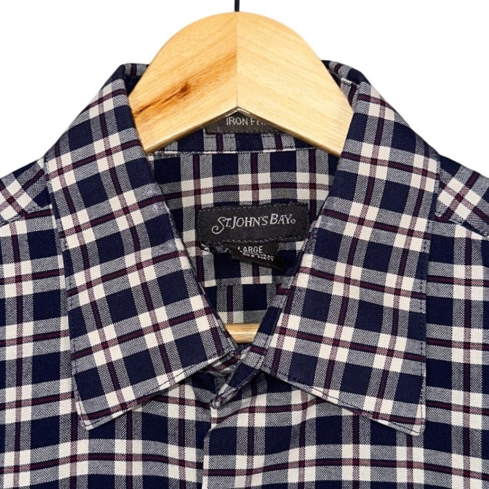 St. Johns Bay Button Down Shirt Mens Large Navy Blue Plaid - Thumbnail 7