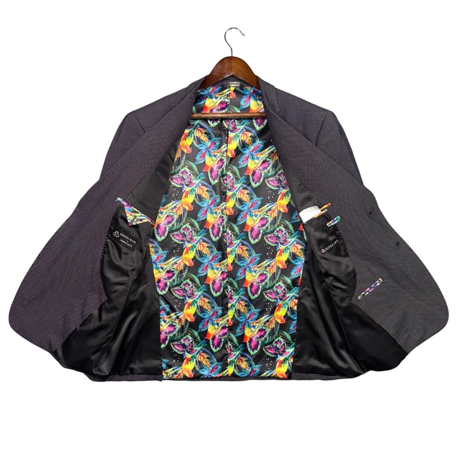 Giorgio Sanetti Blazer Mens 48R Black White Micro Pattern Parrot Lining - Thumbnail 2
