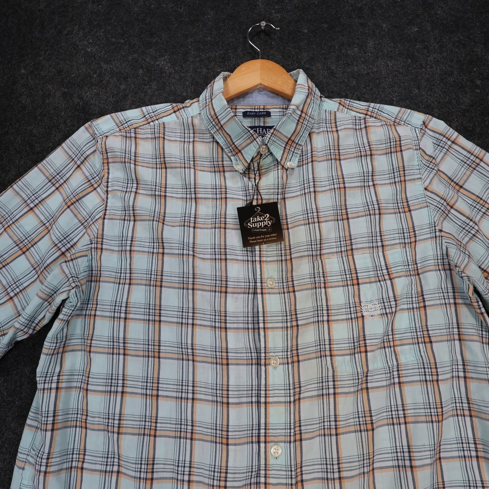 Chaps Button Down Shirt Mens M Light Blue Excellent Plaid Easy Care Short Sleeve - Thumbnail 4