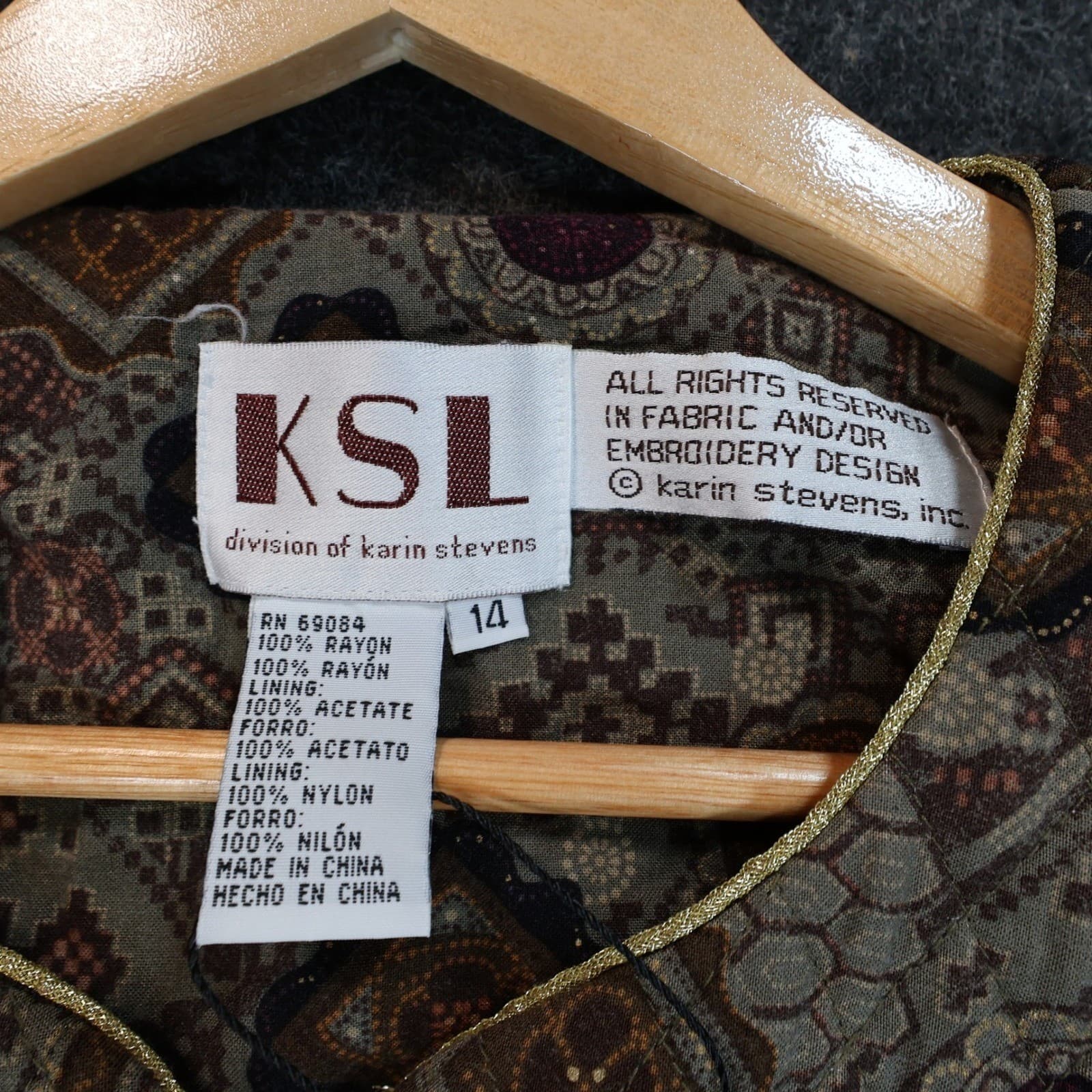 KSL Karin Stevens Jacket Womens 14 Brown Excellent Geometric Quilted Button Up - Thumbnail 7