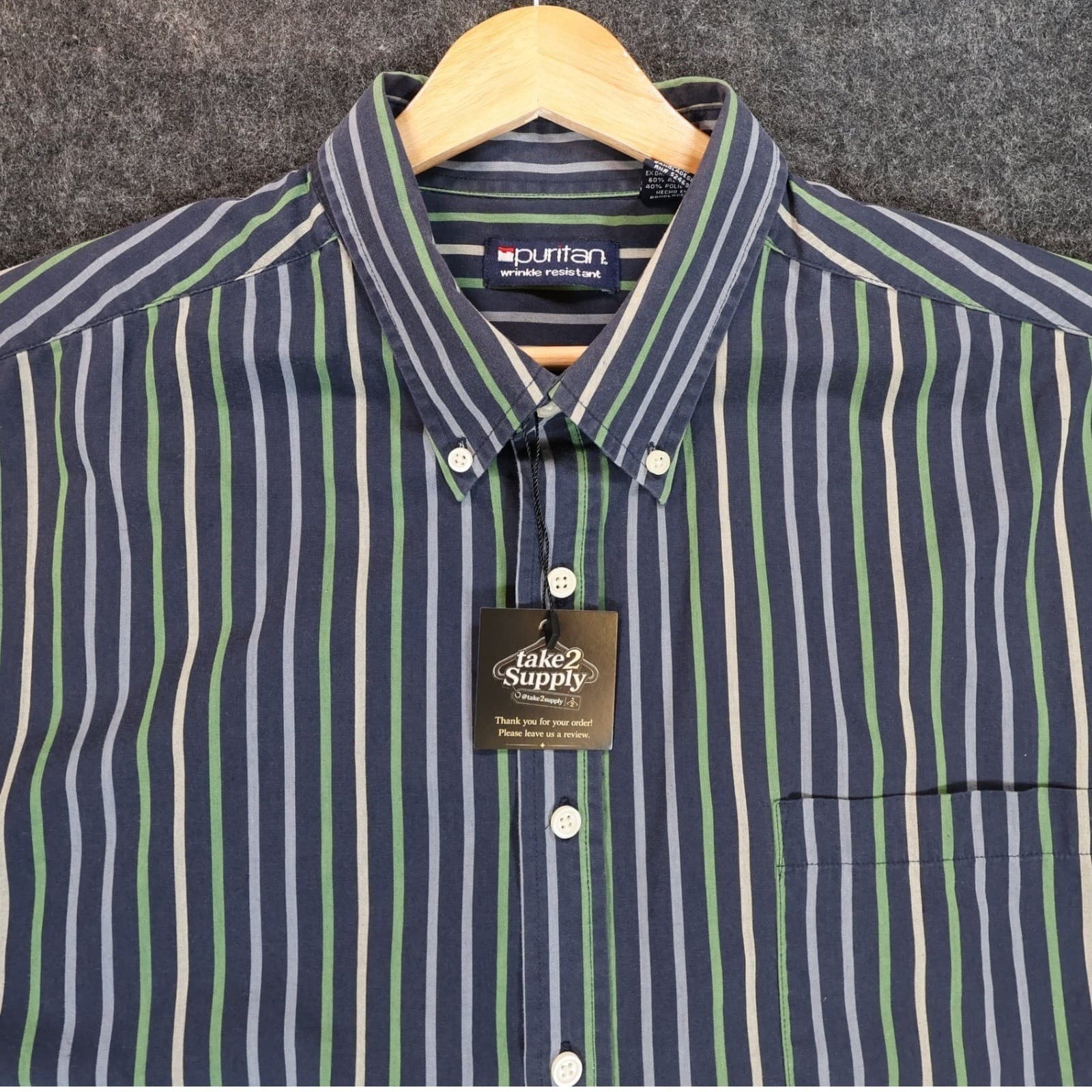 Puritan Button Down Shirt Mens XL Blue Green Excellent Vintage Striped - Thumbnail 4