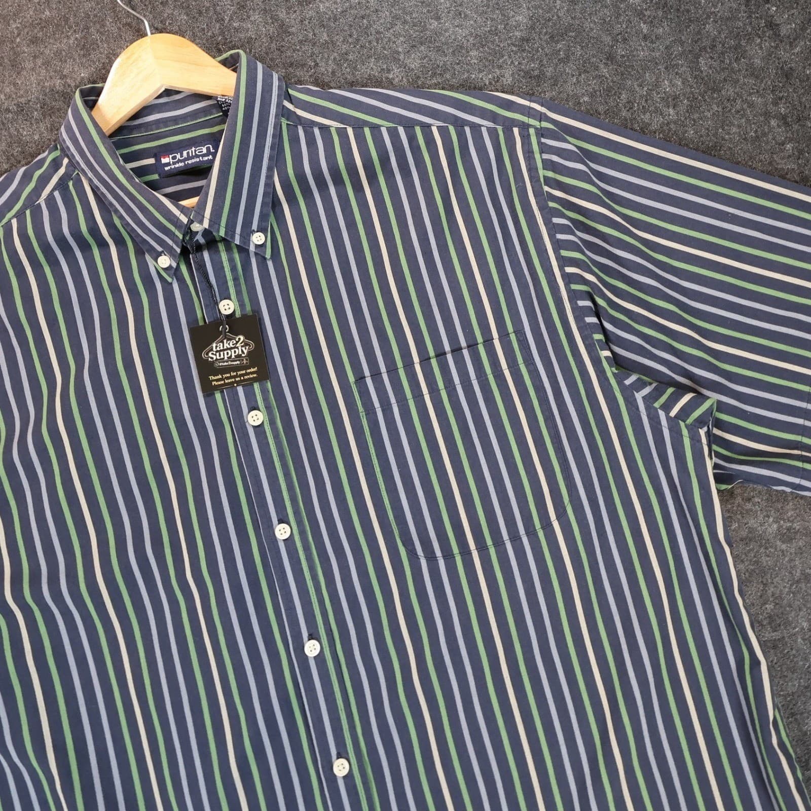 Puritan Button Down Shirt Mens XL Blue Green Excellent Vintage Striped - Thumbnail 3