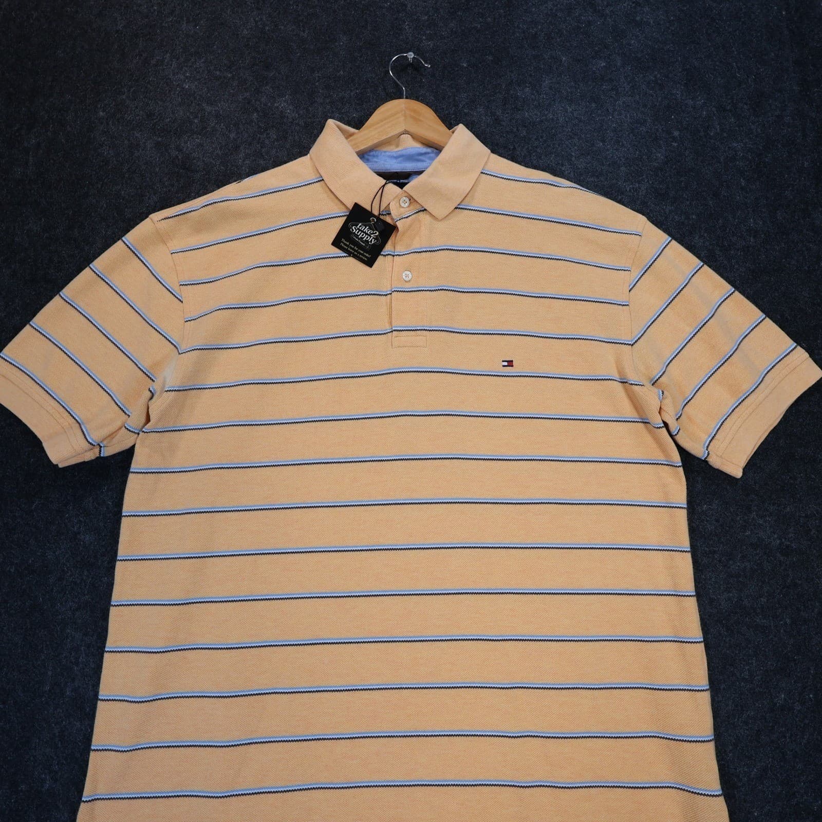 Tommy Hilfiger Polo Shirt Mens Large Yellow Excellent Striped Pique Short Sleeve - Thumbnail 3