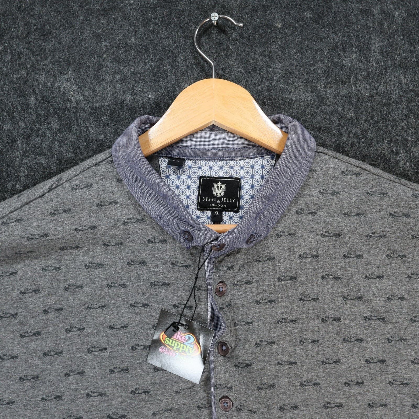 Steel & Jelly Polo Shirt Mens XL Charcoal Excellent Car Print Henley - Thumbnail 3