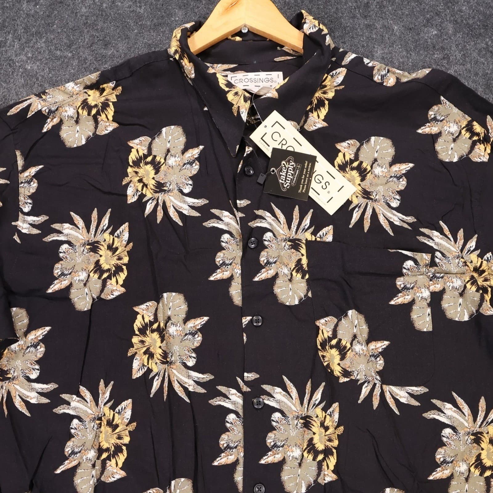 Crossings Button Up Shirt Mens XL Black New Vintage Floral Short Sleeve Viscose - Thumbnail 3