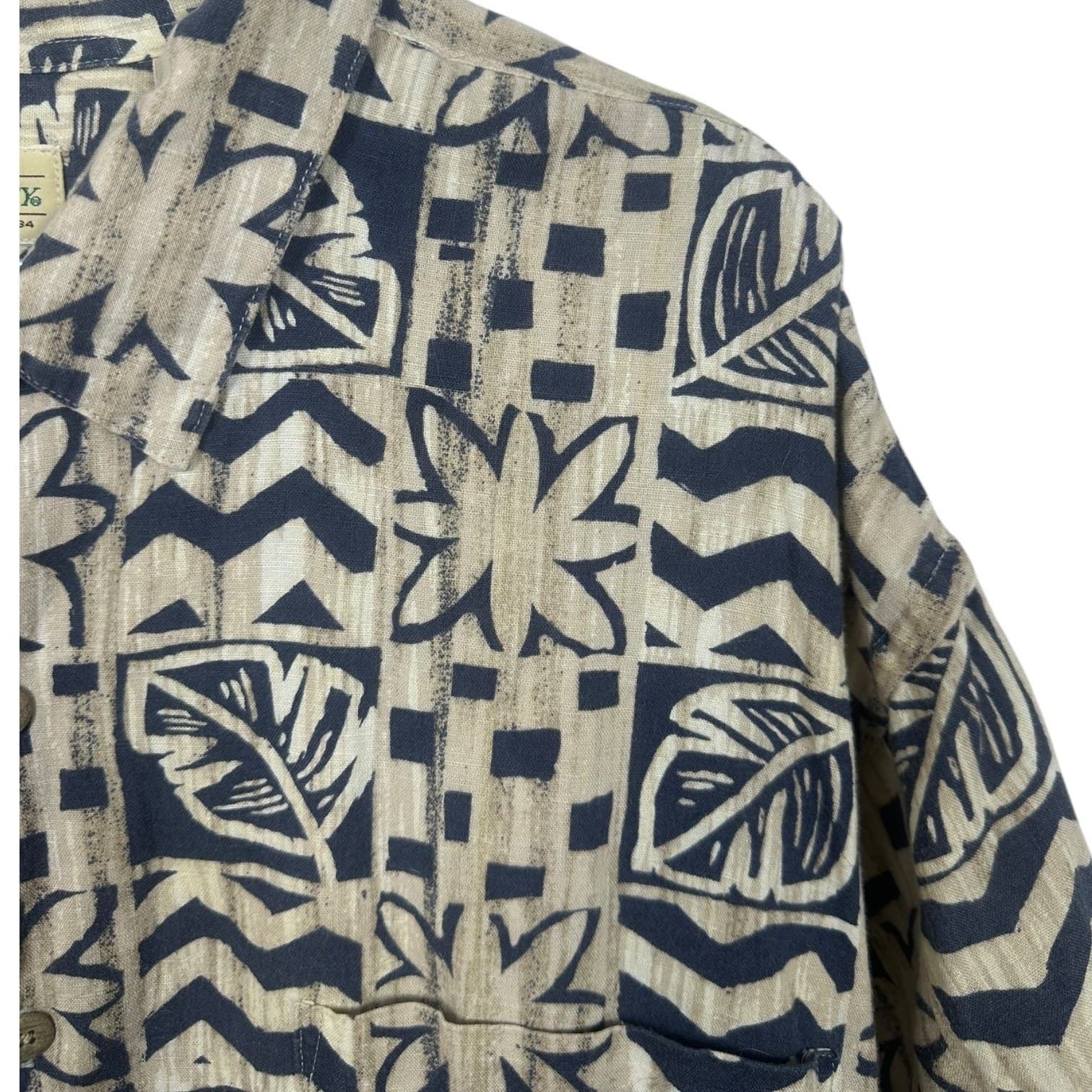 Vintage St Johns Bay Men’s Hawaiian Shirt Geometric Print Tan Blue XL - Thumbnail 3