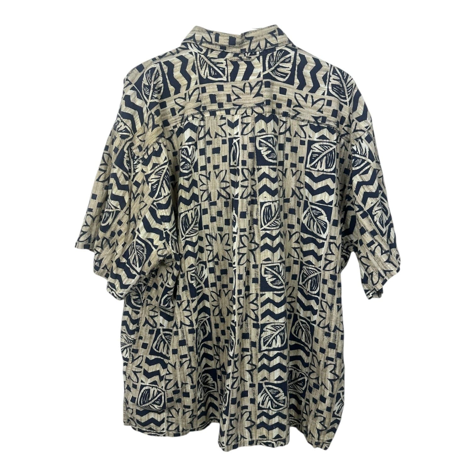 Vintage St Johns Bay Men’s Hawaiian Shirt Geometric Print Tan Blue XL - Thumbnail 2