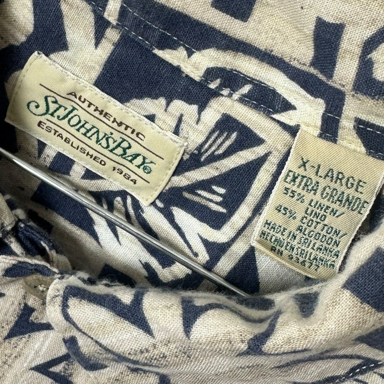 Vintage St Johns Bay Men’s Hawaiian Shirt Geometric Print Tan Blue XL - Thumbnail 4