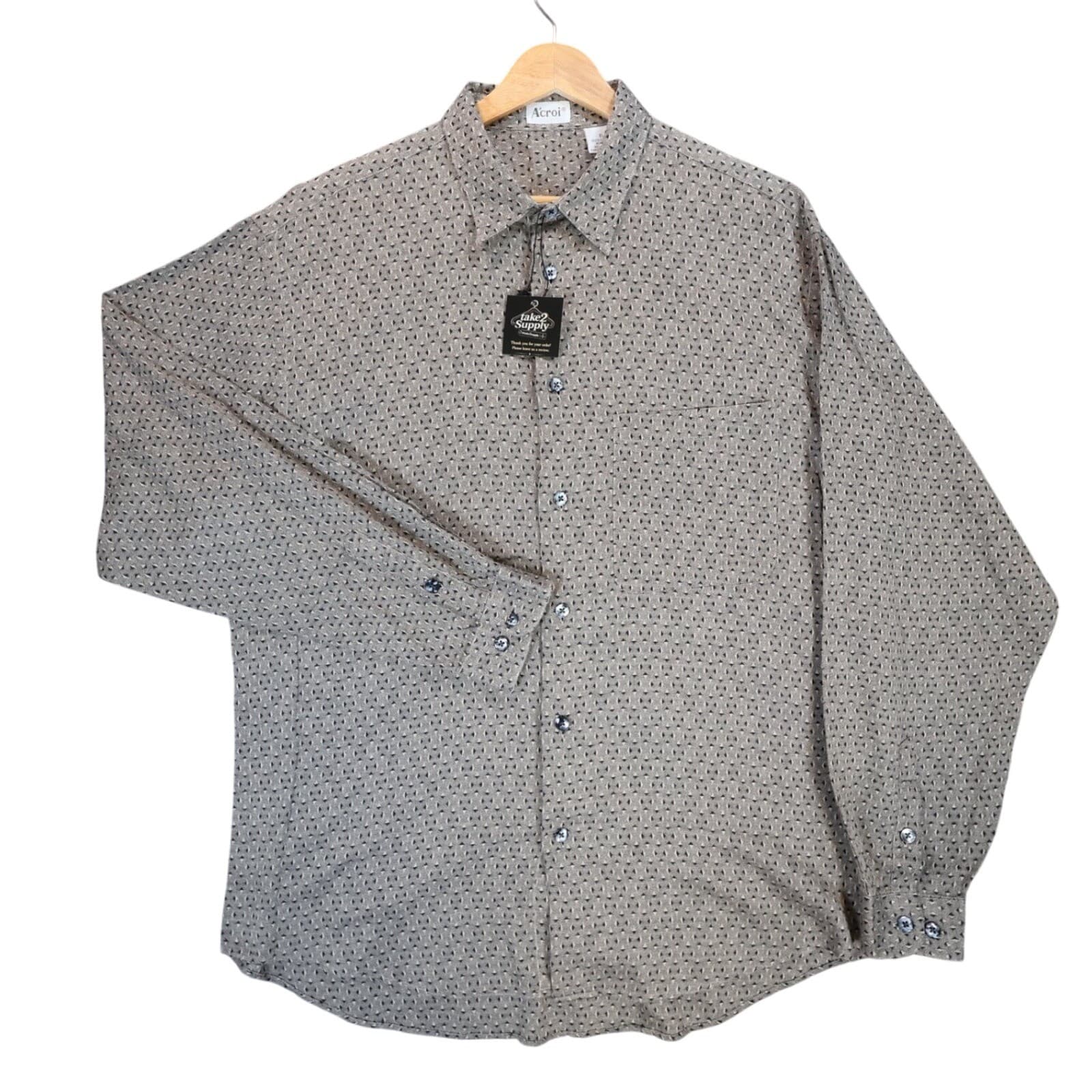 A'croi Button Up Shirt Mens XL Tan Excellent Vintage Geometric Long Sleeve - Thumbnail 2