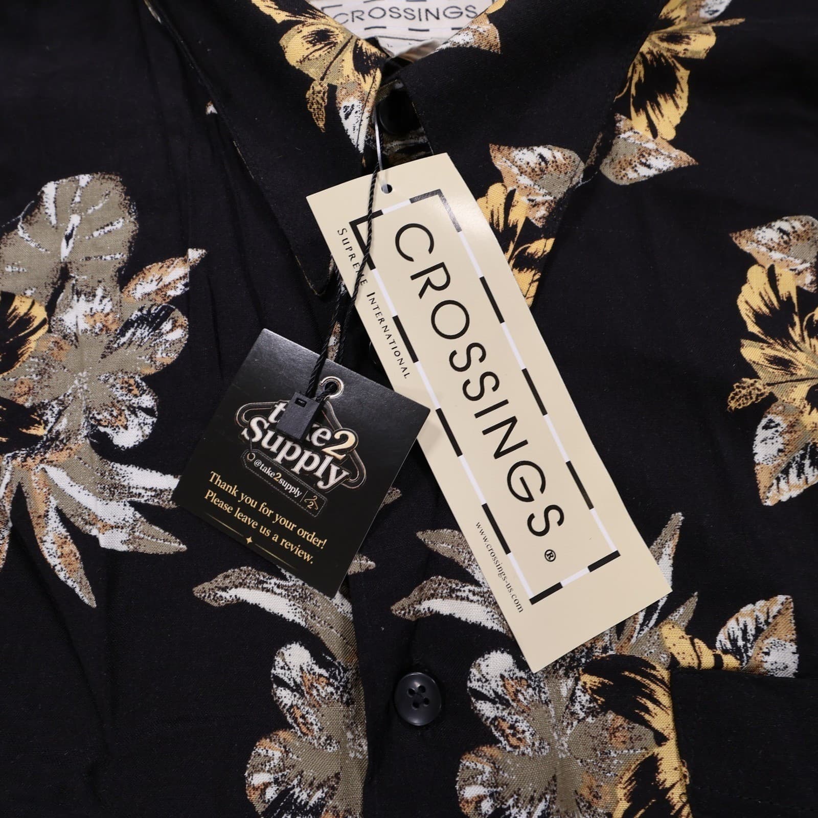 Crossings Button Up Shirt Mens XL Black New Vintage Floral Short Sleeve Viscose - Thumbnail 6