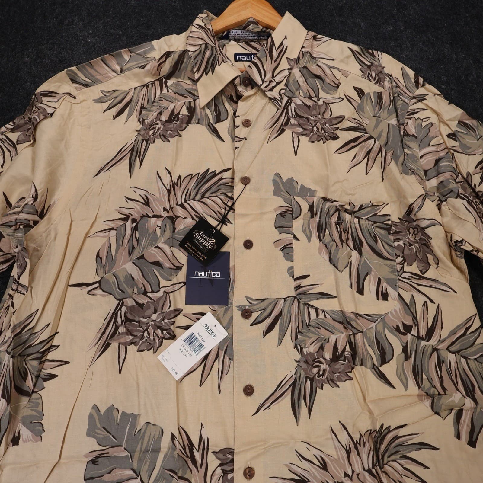Nautica Button Up Shirt Mens XL Tan NEW Hawaiian Floral Tropical Rayon Vintage - Thumbnail 3