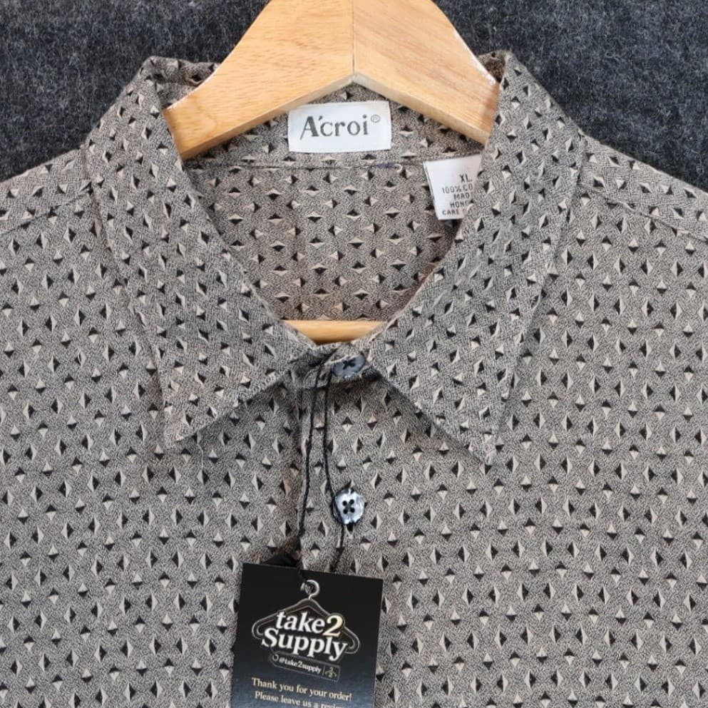 A'croi Button Up Shirt Mens XL Tan Excellent Vintage Geometric Long Sleeve - Thumbnail 4