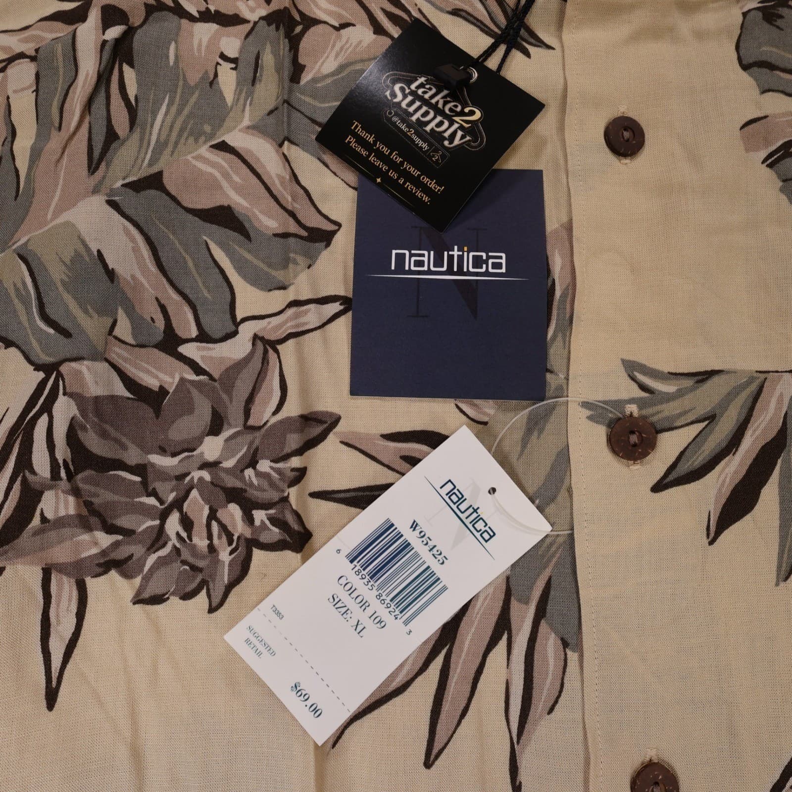 Nautica Button Up Shirt Mens XL Tan NEW Hawaiian Floral Tropical Rayon Vintage - Thumbnail 6