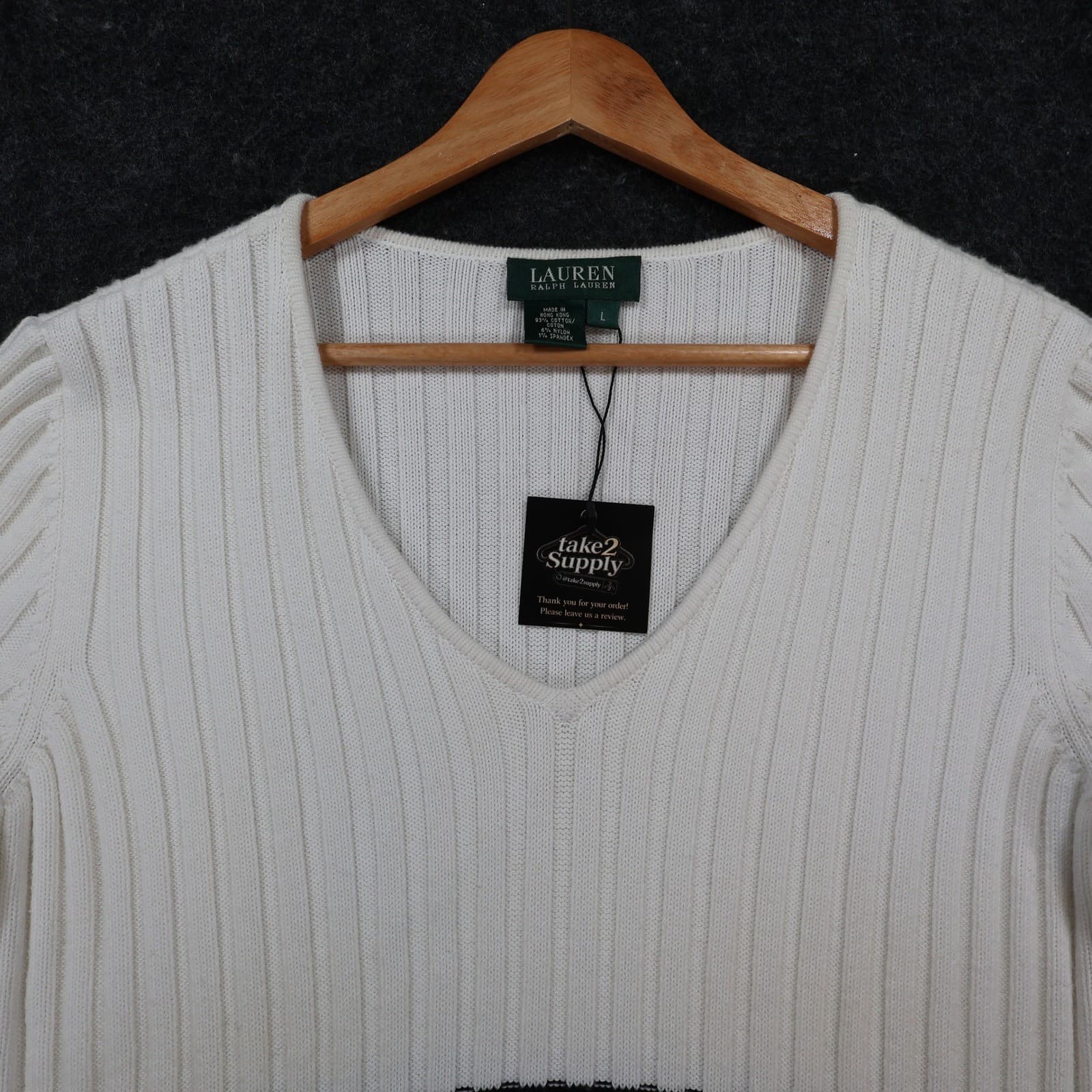 Lauren Ralph Lauren Sweater Womens L White Cotton Ribbed V-Neck Striped Nautical - Thumbnail 8