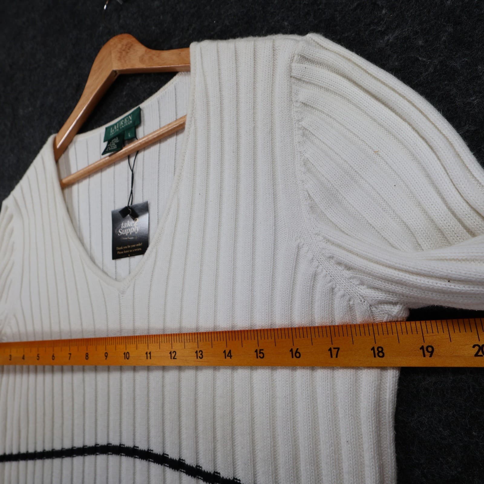 Lauren Ralph Lauren Sweater Womens L White Cotton Ribbed V-Neck Striped Nautical - Thumbnail 3