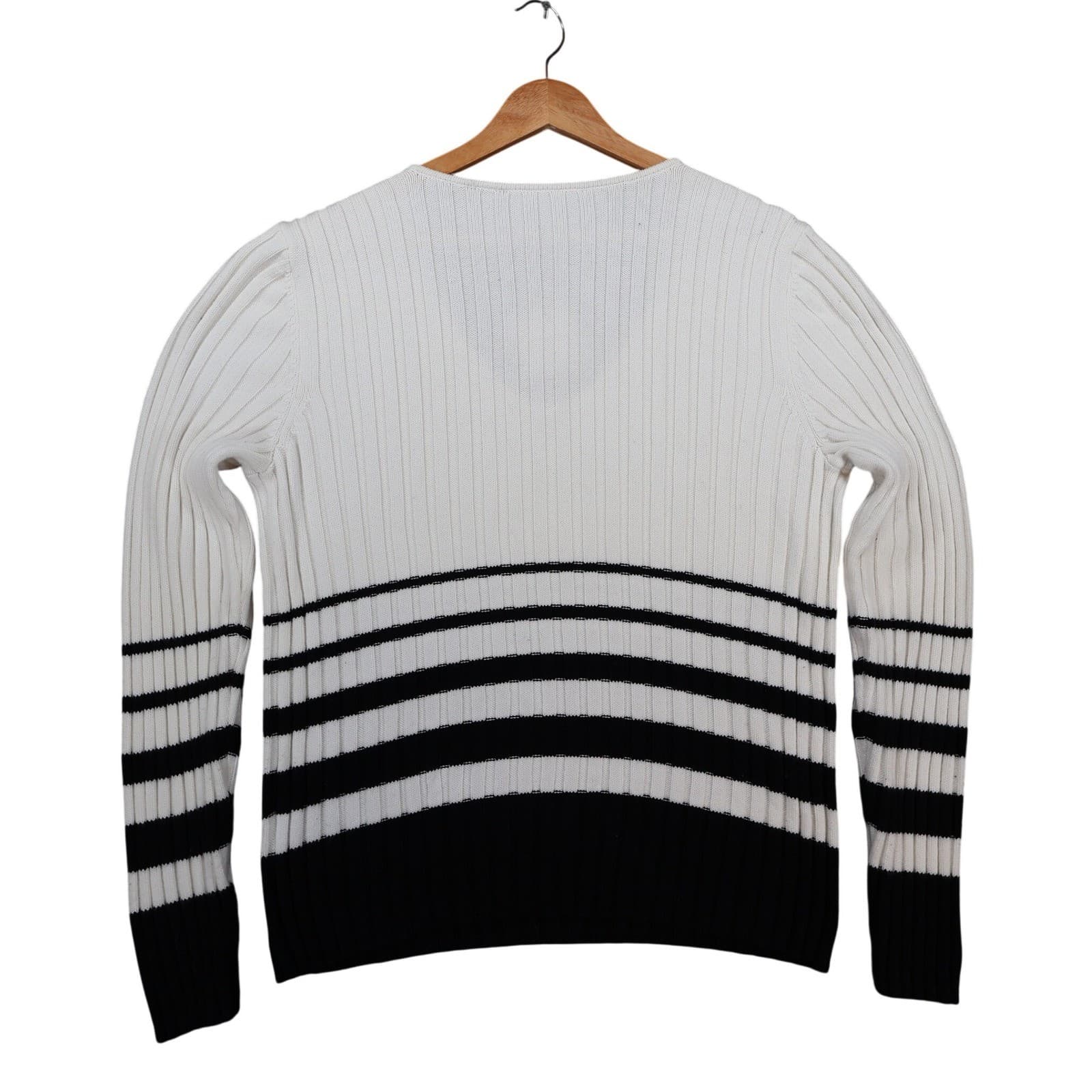 Lauren Ralph Lauren Sweater Womens L White Cotton Ribbed V-Neck Striped Nautical - Thumbnail 2