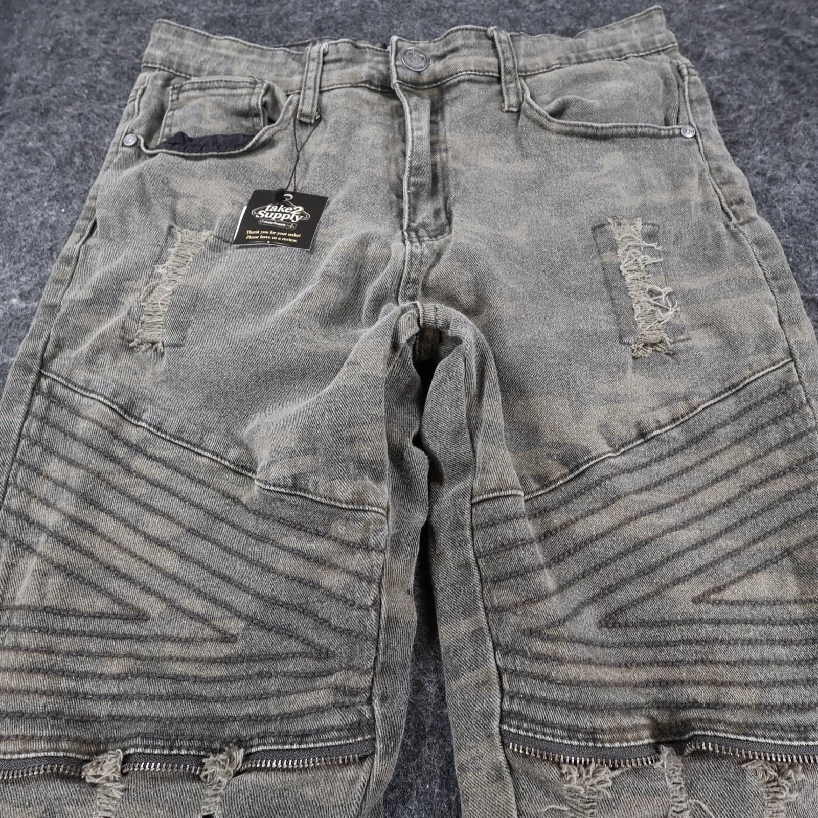Waimea Biker Jeans Mens 34 Green Cotton Spandex Skinny Fit Camo Distressed Moto - Thumbnail 9