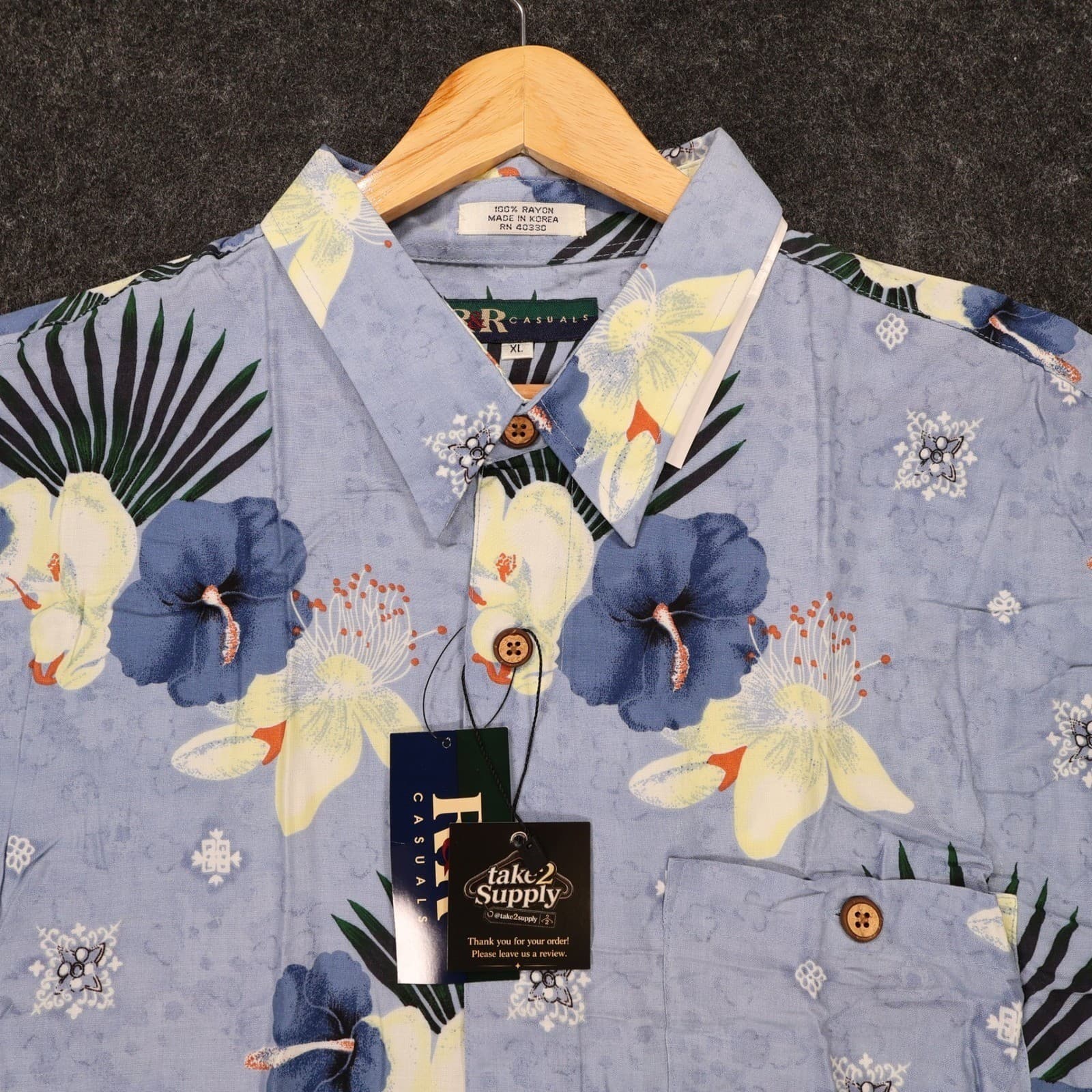 R&R Casuals Button Up Shirt Mens XL Blue Excellent Vintage Floral Hibiscus Rayon - Thumbnail 6