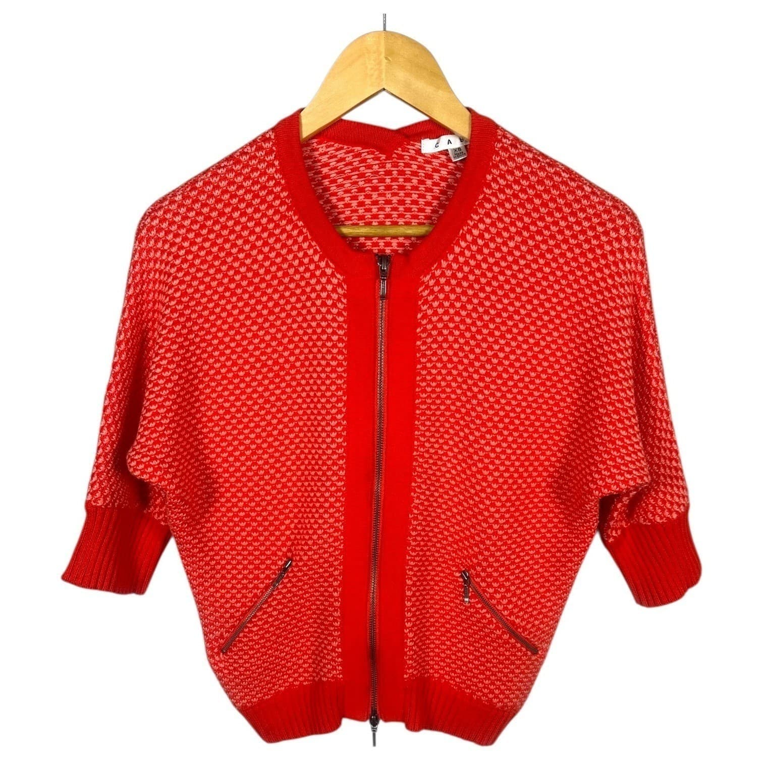Cabi Red Geometric Knit Bomber Jacket Zipper Pockets Dolman Sleeve XS - Thumbnail 2