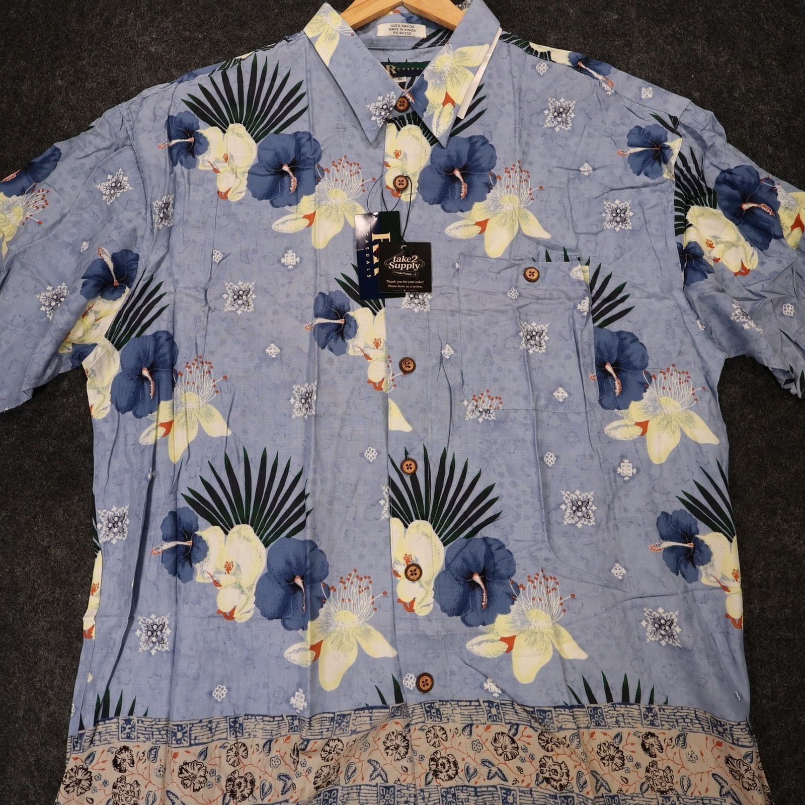 R&R Casuals Button Up Shirt Mens XL Blue Excellent Vintage Floral Hibiscus Rayon - Thumbnail 3