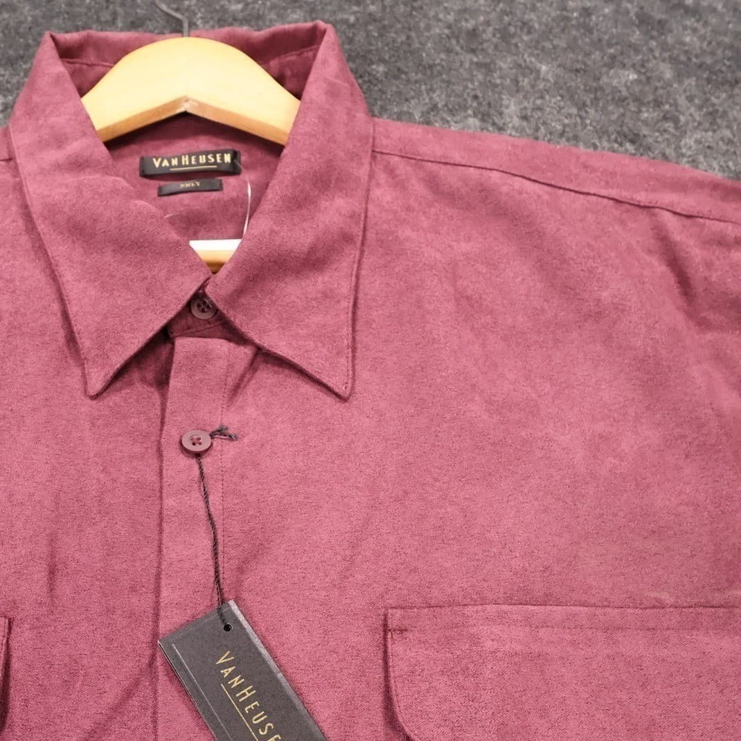 Van Heusen Button Up Shirt Mens 2XLT Wine New Vintage Soft Suede 32B899P67 - Thumbnail 4