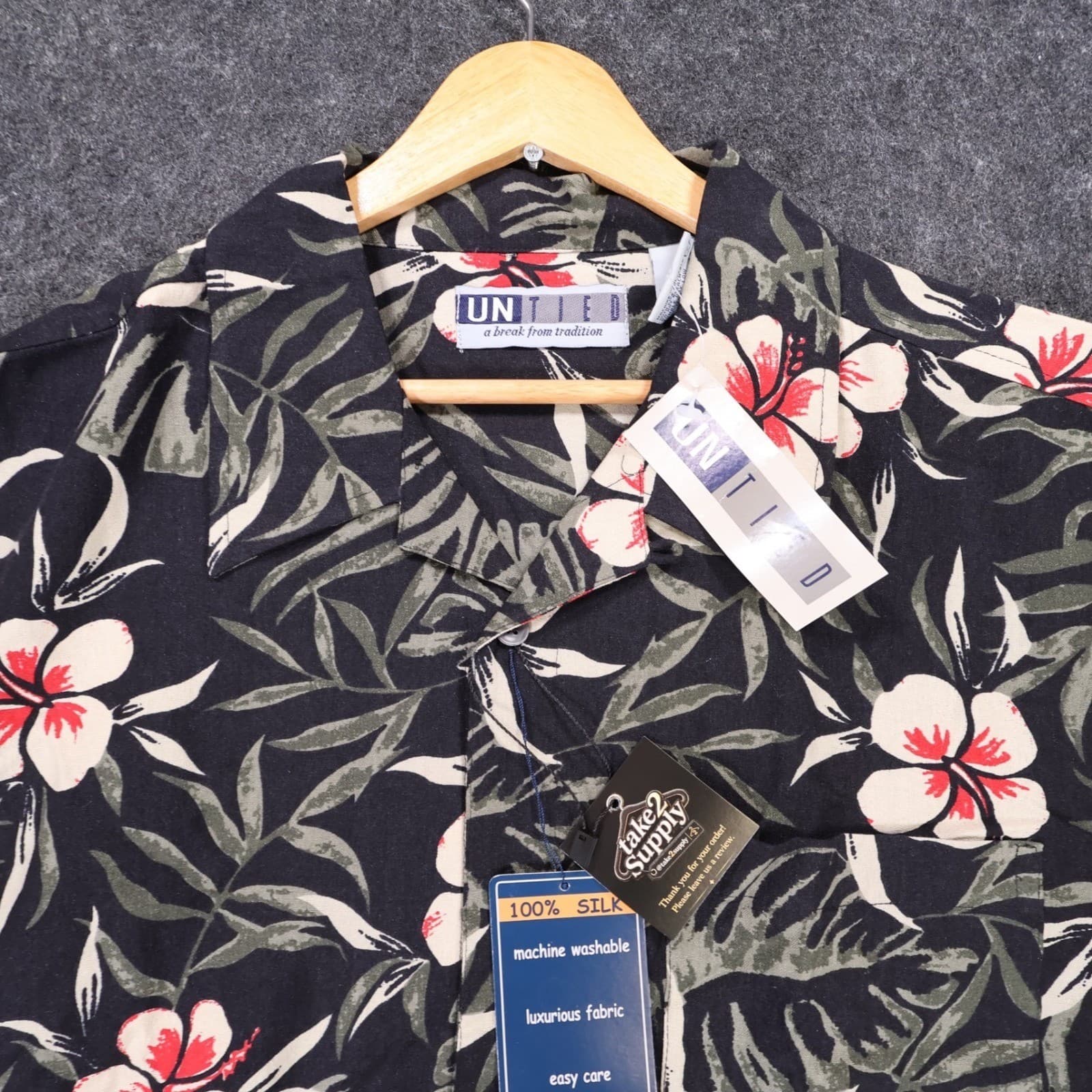 Untied Button Up Shirt Mens XL Black New Vintage Tropical Silk Floral - Thumbnail 3