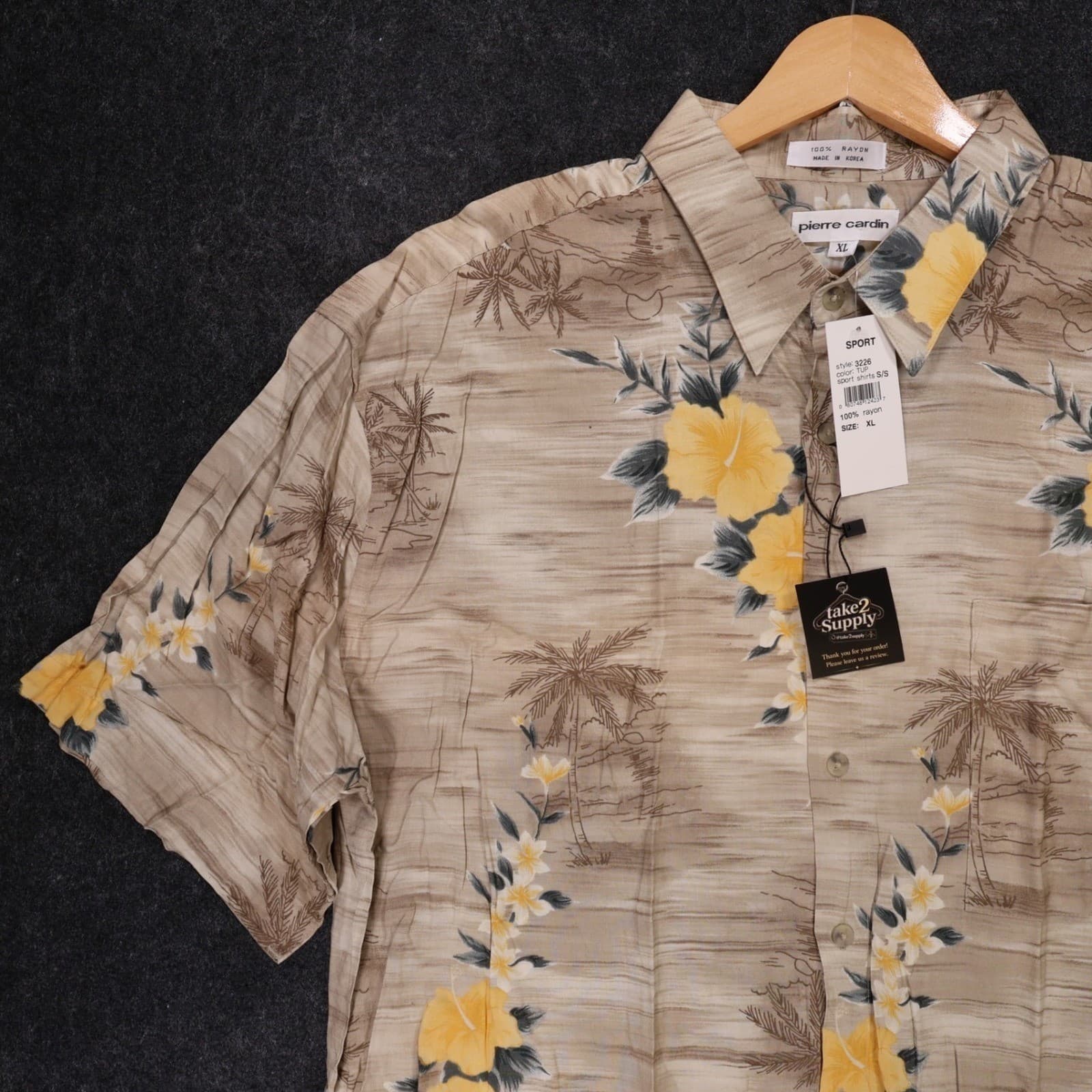 Pierre Cardin Sport Shirt Mens XL Tan New Tropical Floral Rayon Vintage - Thumbnail 3