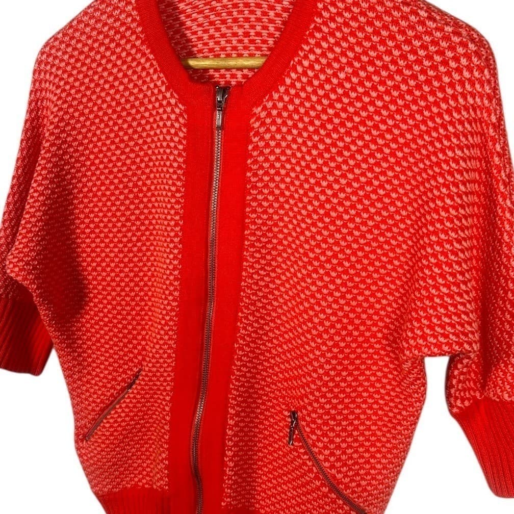 Cabi Red Geometric Knit Bomber Jacket Zipper Pockets Dolman Sleeve XS - Thumbnail 4
