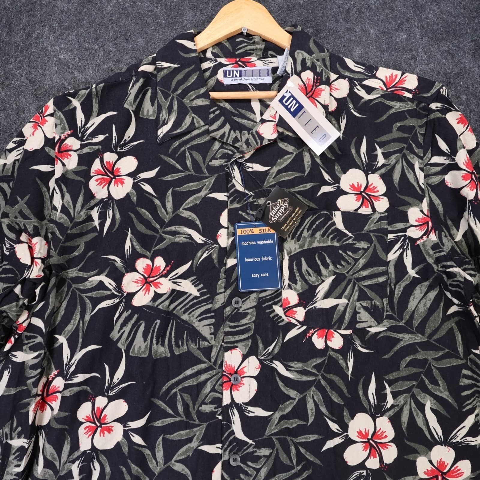 Untied Button Up Shirt Mens XL Black New Vintage Tropical Silk Floral - Thumbnail 4