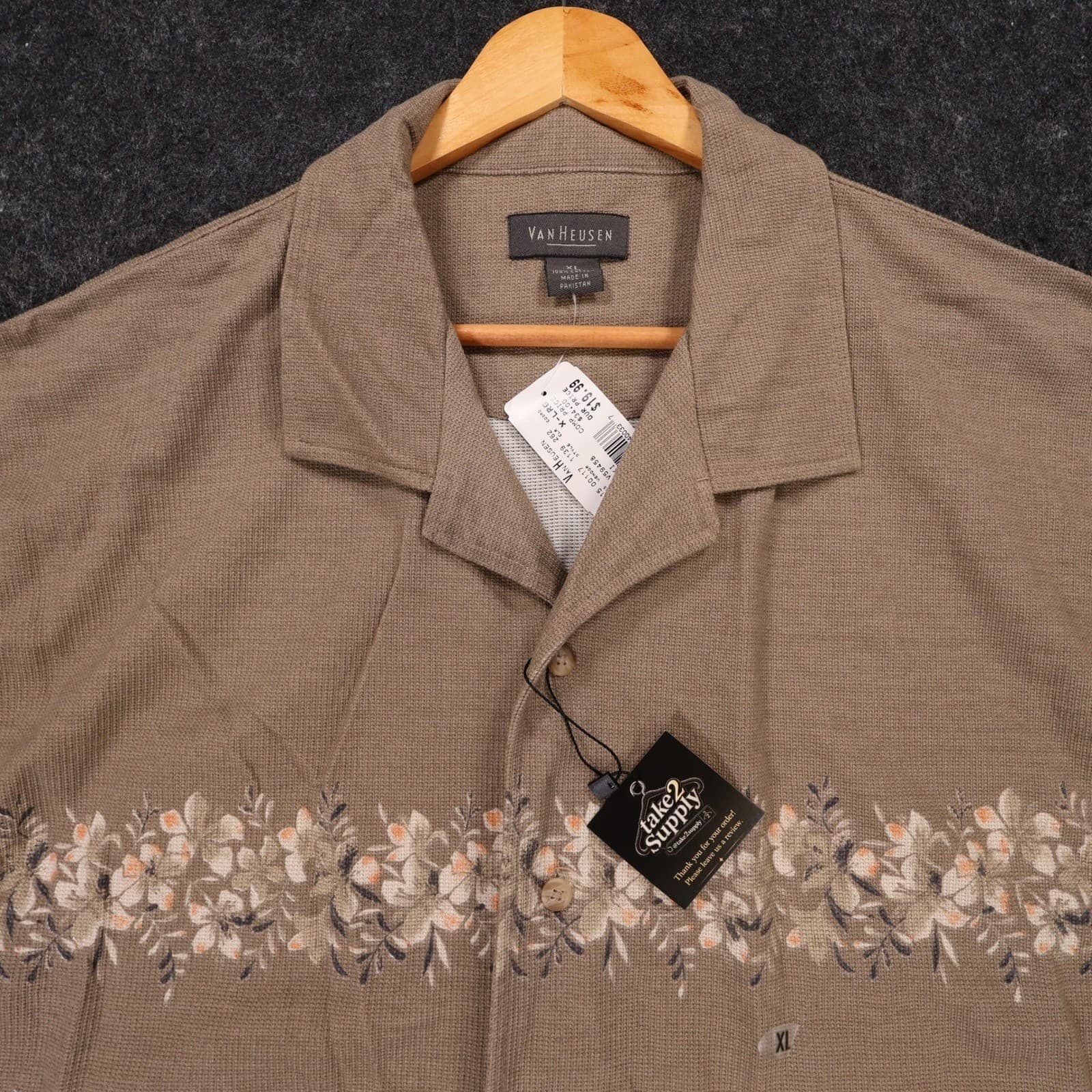 Van Heusen Button Up Mens XL Brown Excellent Vintage Floral Knit Camp Shirt - Thumbnail 3