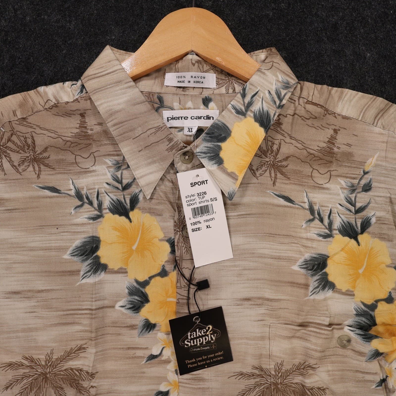 Pierre Cardin Sport Shirt Mens XL Tan New Tropical Floral Rayon Vintage - Thumbnail 4