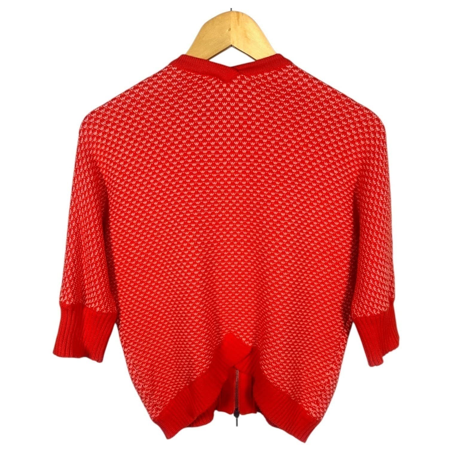 Cabi Red Geometric Knit Bomber Jacket Zipper Pockets Dolman Sleeve XS - Thumbnail 3