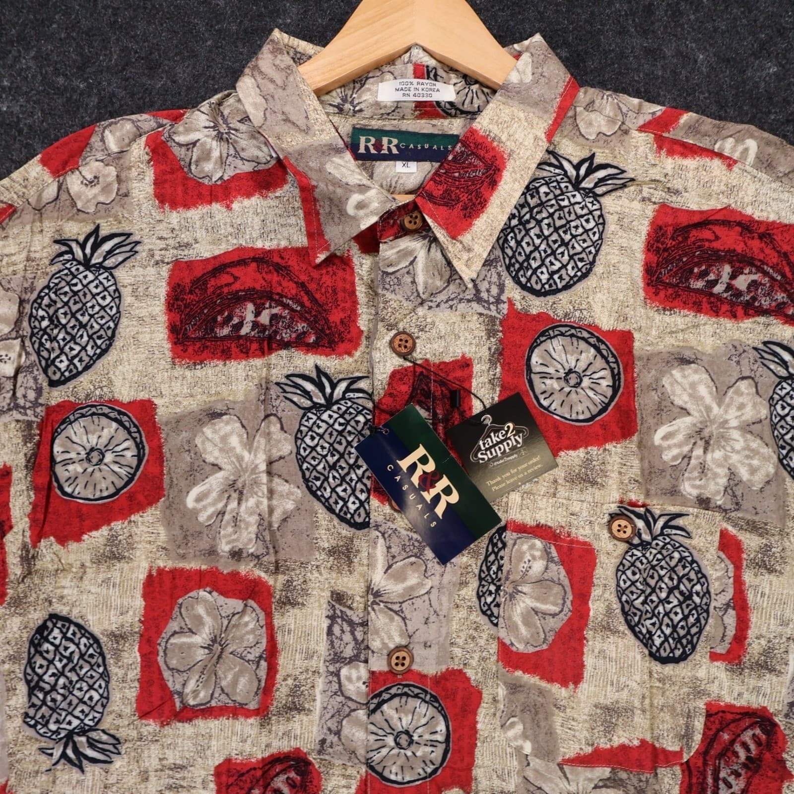 R&R Casuals Hawaiian Shirt Mens XL Tan Red New Vintage Pineapple Tropical Rayon - Thumbnail 3