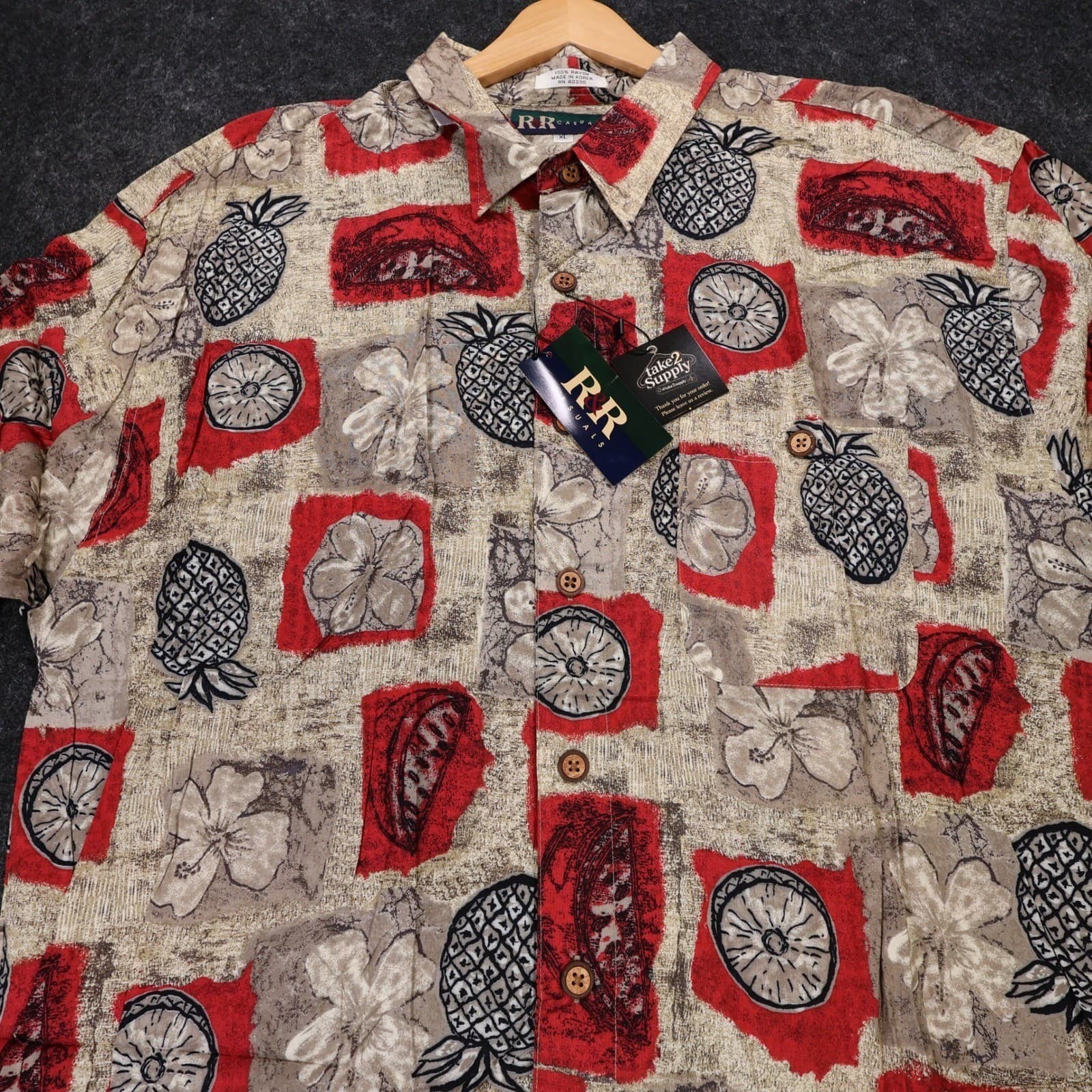 R&R Casuals Hawaiian Shirt Mens XL Tan Red New Vintage Pineapple Tropical Rayon - Thumbnail 4