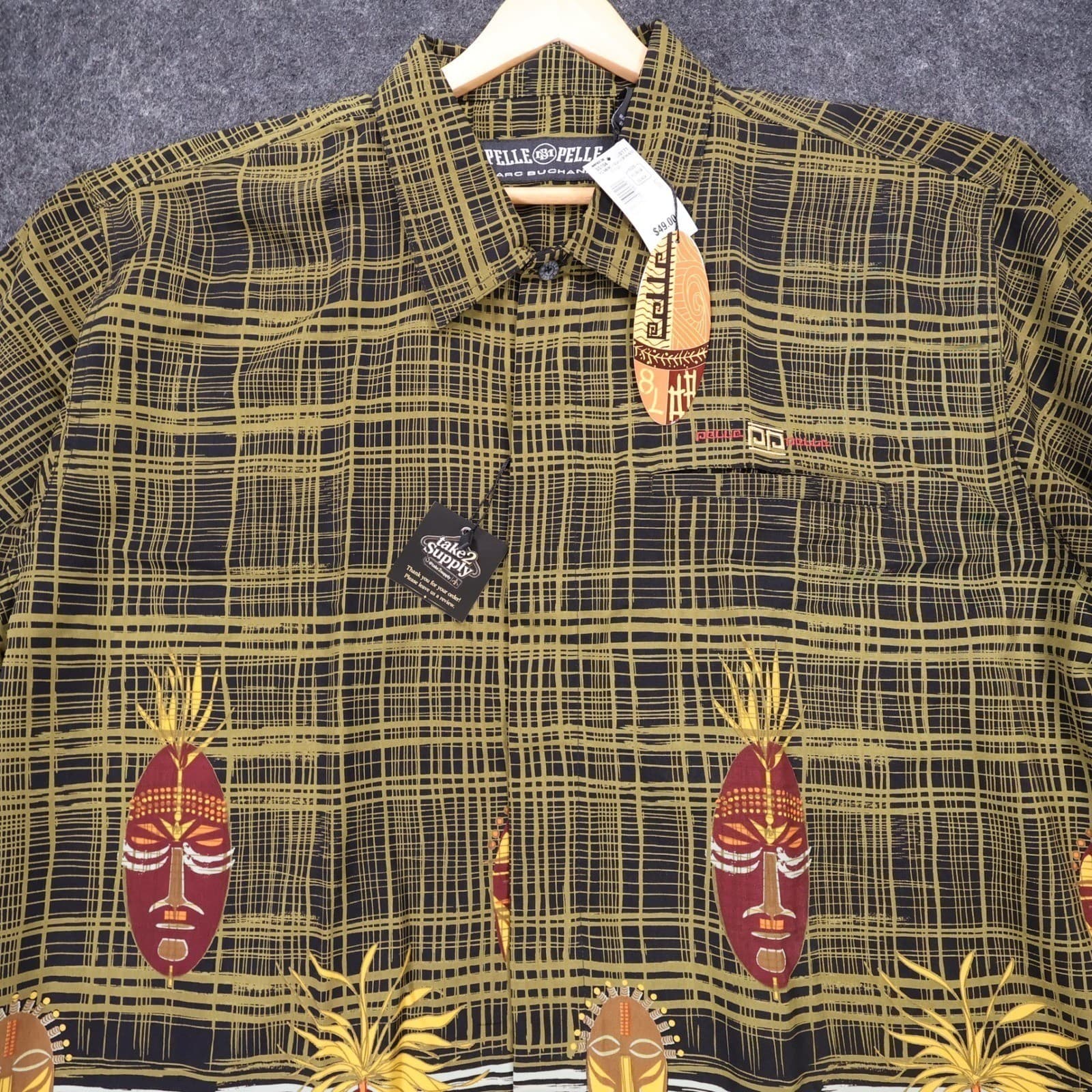 Pelle Pelle Button Up Shirt Mens XL Black New Vintage Tribal Mask Marc Buchanan - Thumbnail 4