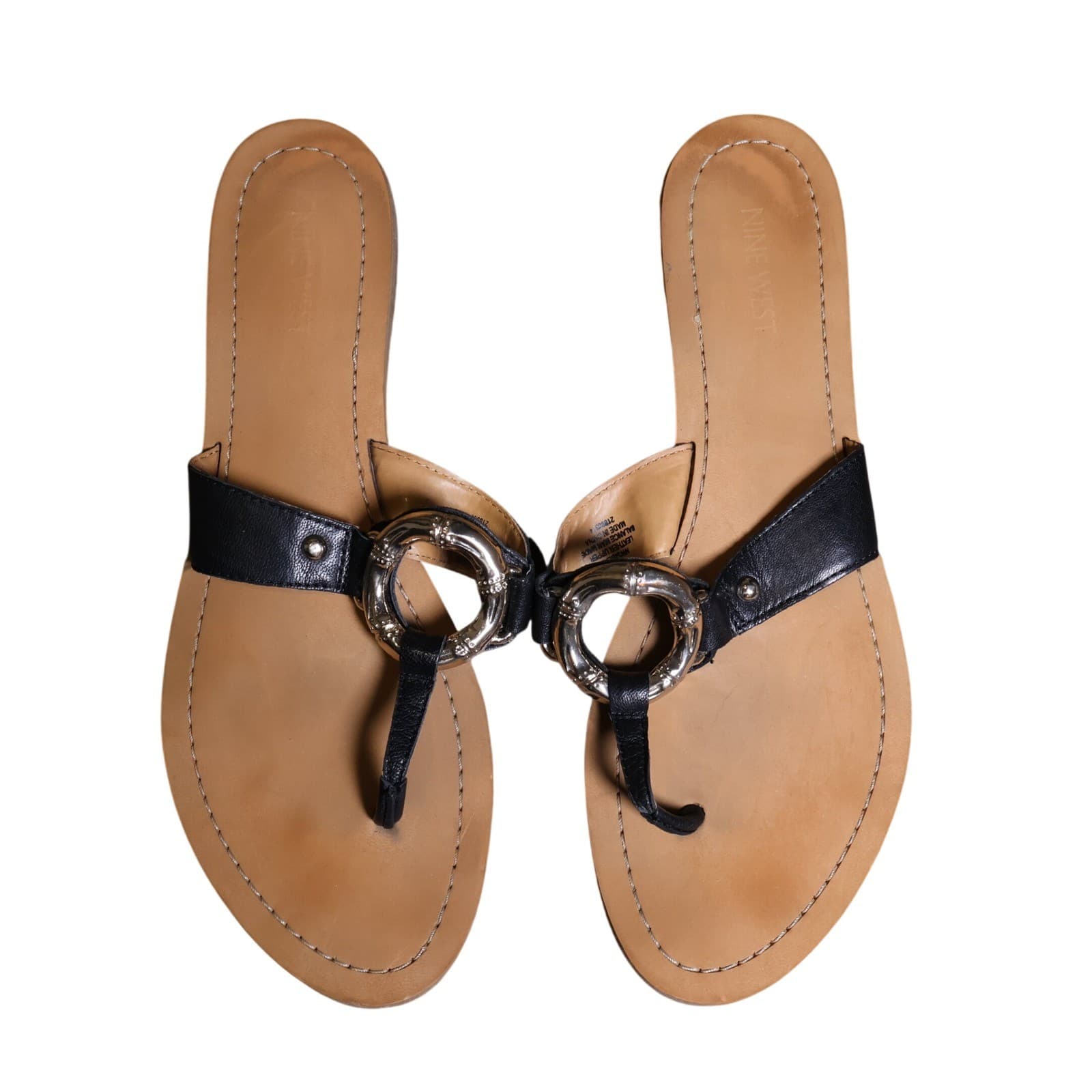 Nine West Sibeal Sandals Womens 10.5 Black Excellent Leather Thong Ring Detail - Thumbnail 3