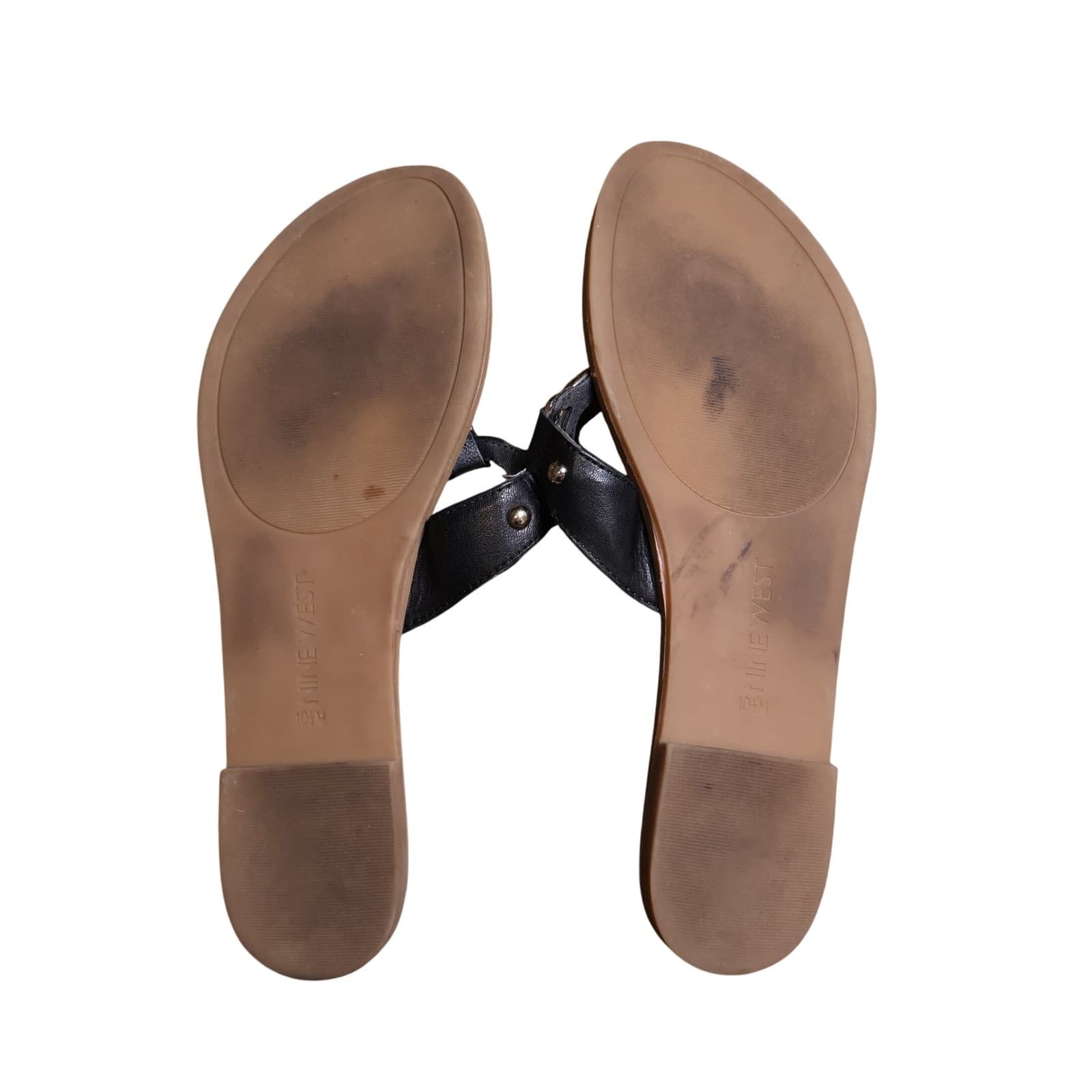 Nine West Sibeal Sandals Womens 10.5 Black Excellent Leather Thong Ring Detail - Thumbnail 5