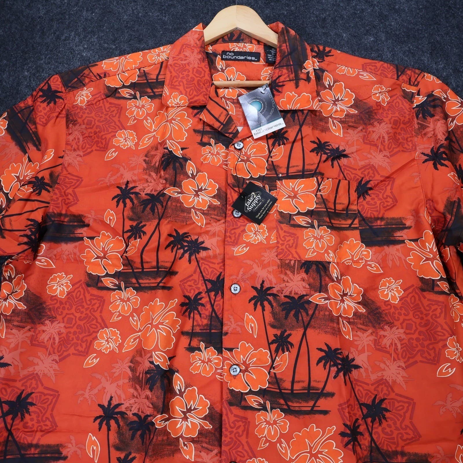 No Boundaries Button Up Shirt Mens XL Orange New Vintage Tropical Hibiscus - Thumbnail 3