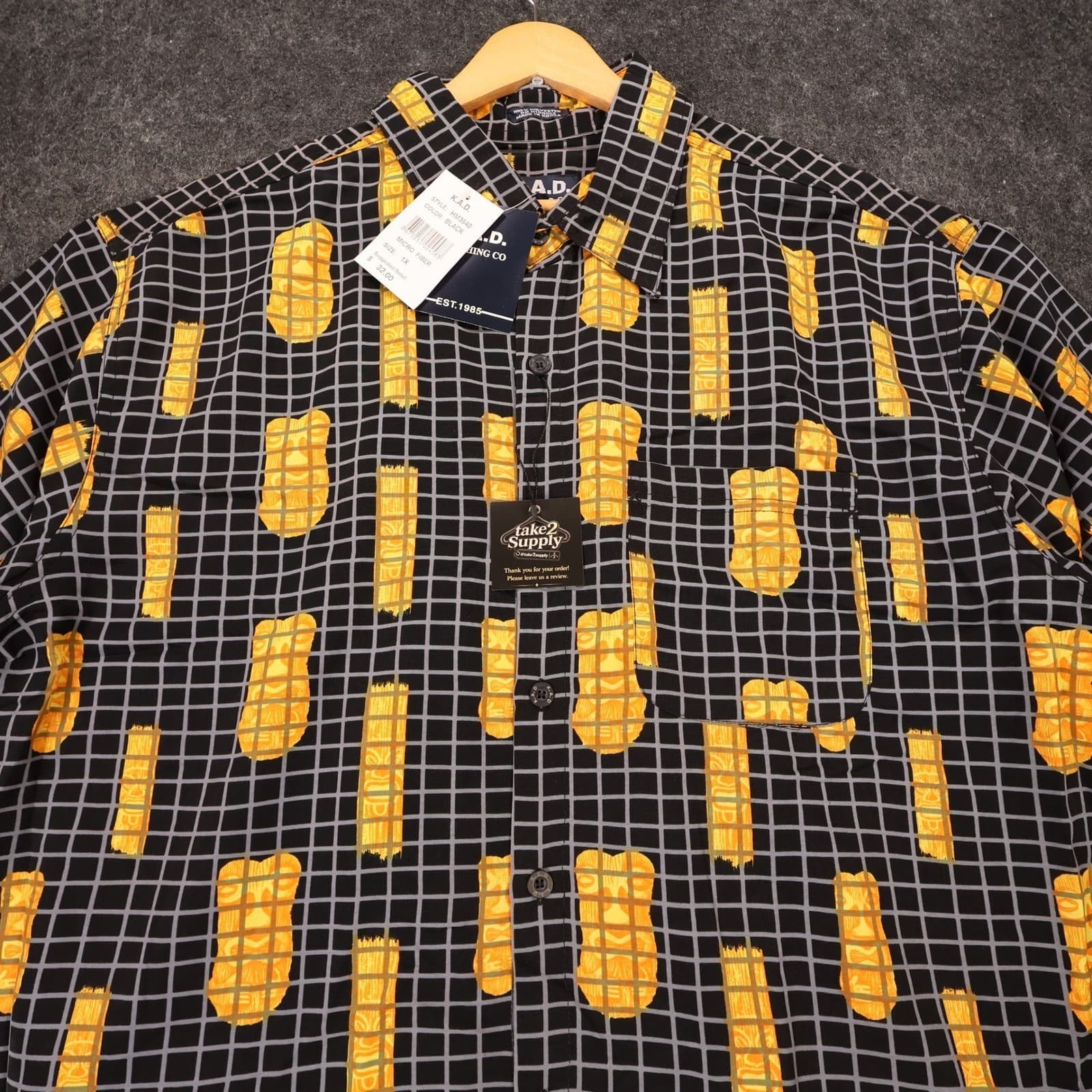 K.A.D. Button Up Shirt Mens XL Black New Tiki Abstract Grid Vintage - Thumbnail 4